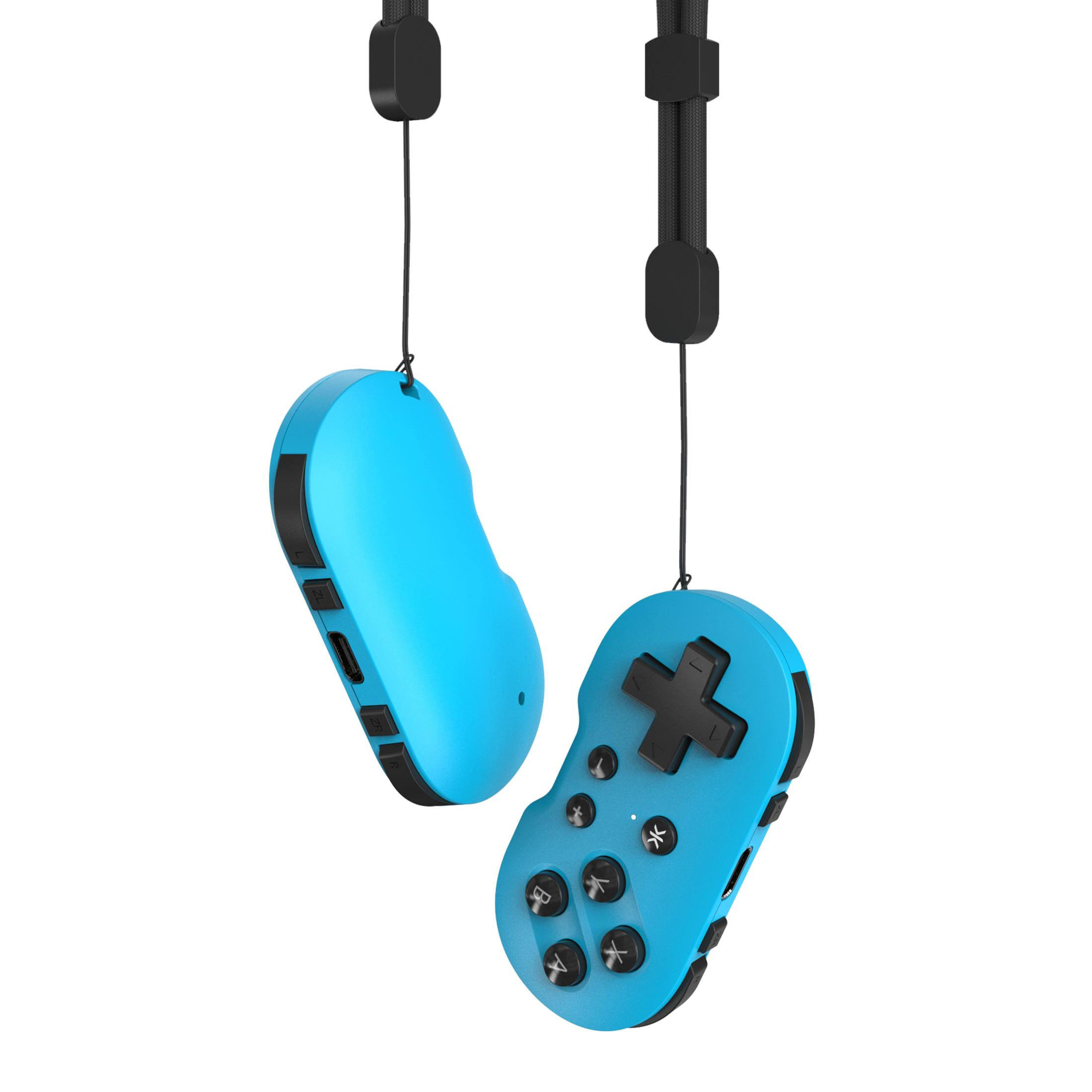 Zwei blaue Gamepad-Controller mit schwarzen Knöpfen und Handschlaufen, einer dem anderen zugewandt.