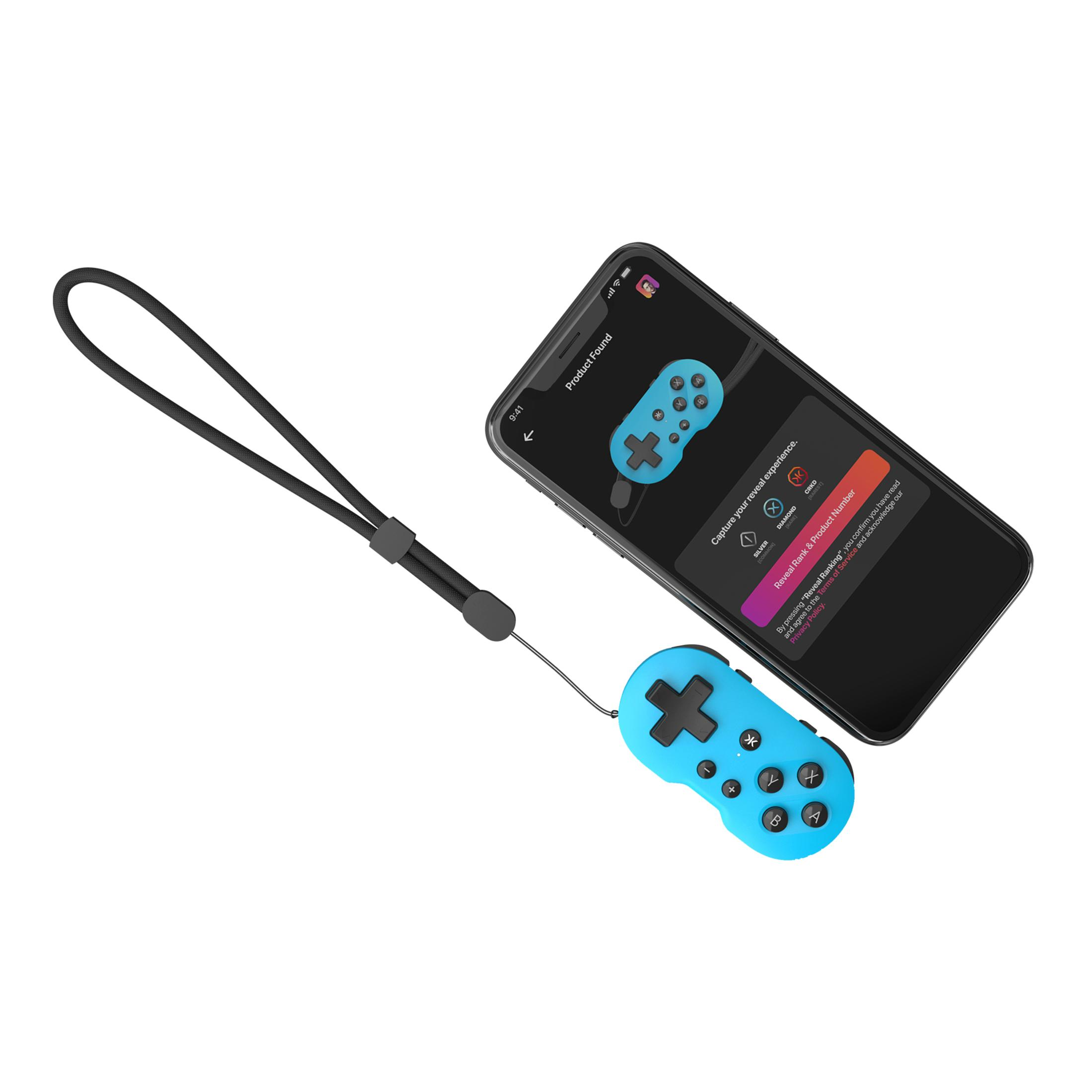 Ein blauer Gamecontroller, der mit einem Smartphone verbunden ist. Weißer Hintergrund.