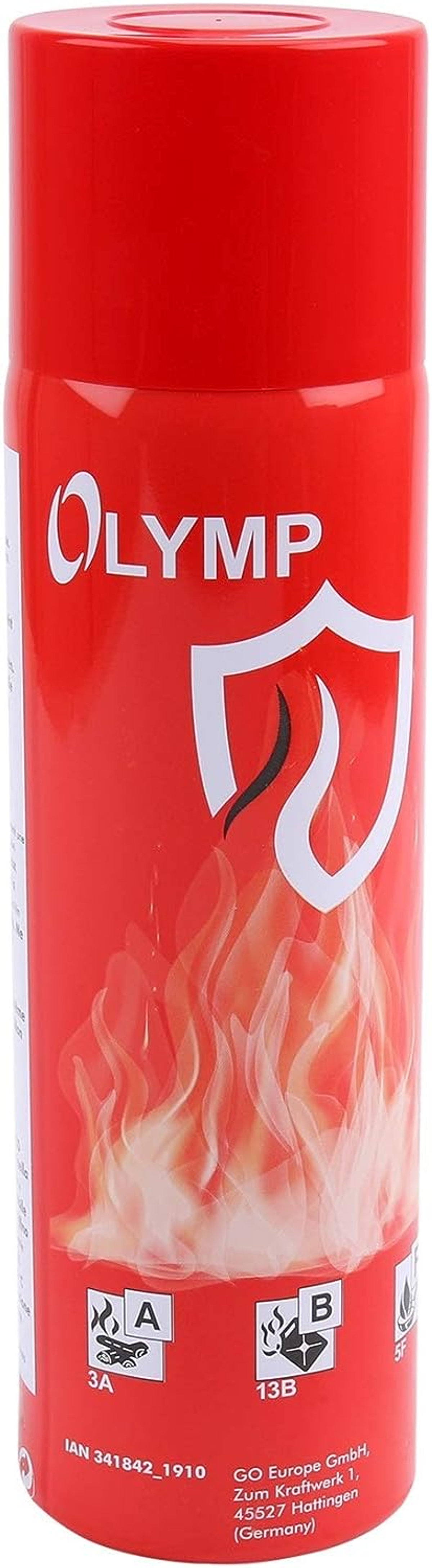 Roter OLYMP Feuerlöscher mit Schild-Logo und Feuersymbolen, mit Text.