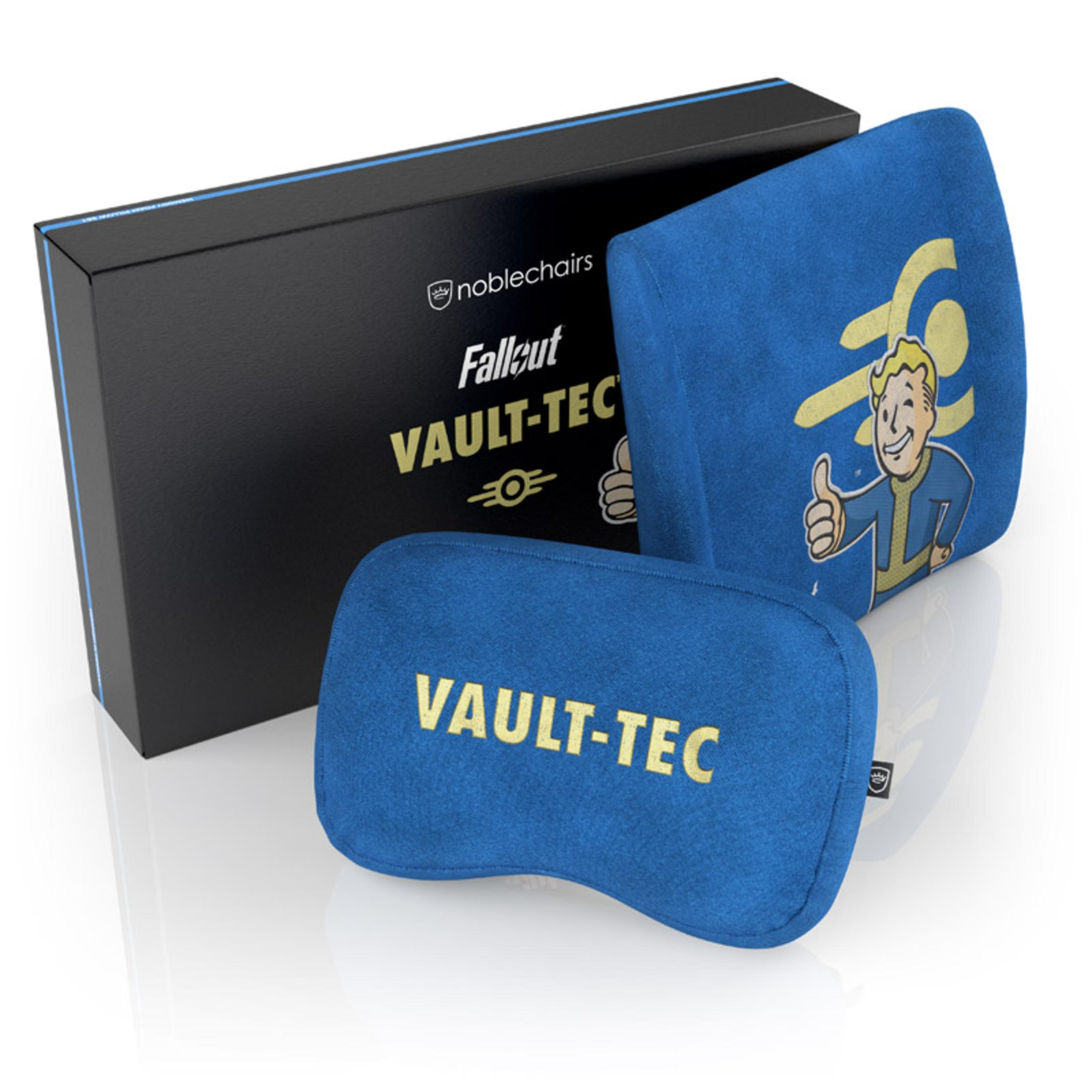 Vault-Tec-Kissen und -Box. Die Artikel sind blau und gelb mit einer schwarzen Box.