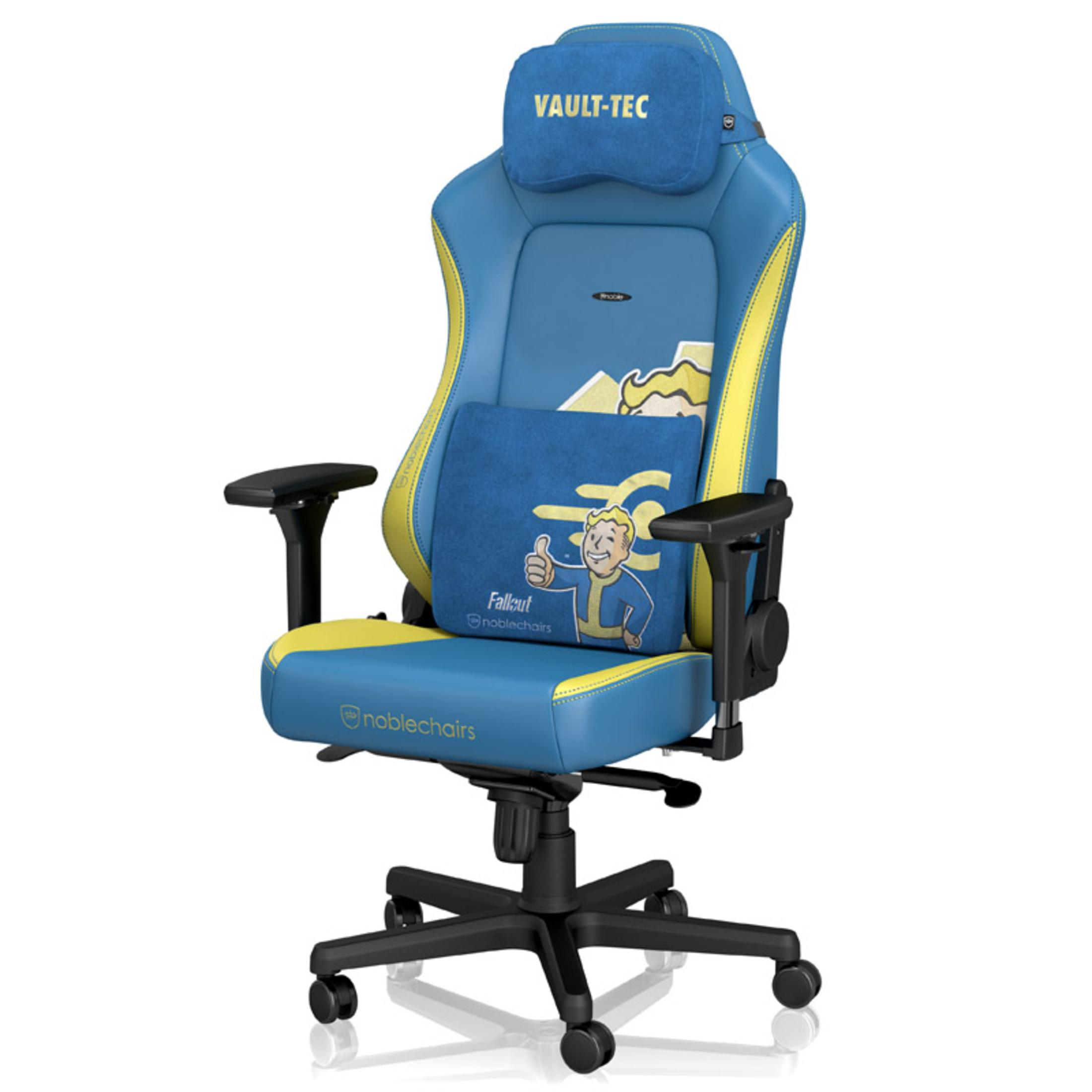 Blauer und gelber Gaming-Stuhl mit Vault-Tec-Logo und Vault Boy-Design.