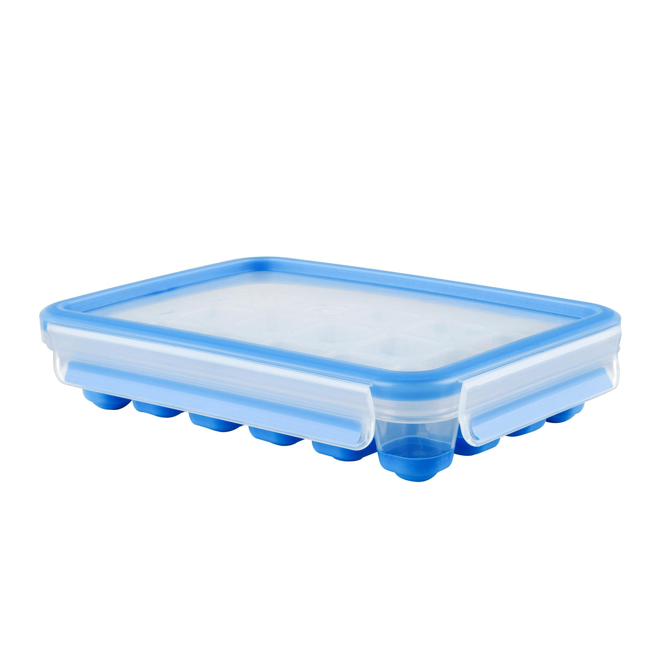 Ein blau-weißer Eiswürfelbehälter mit transparentem Deckel und blauem Boden, mit runden Eiswürfelformen.