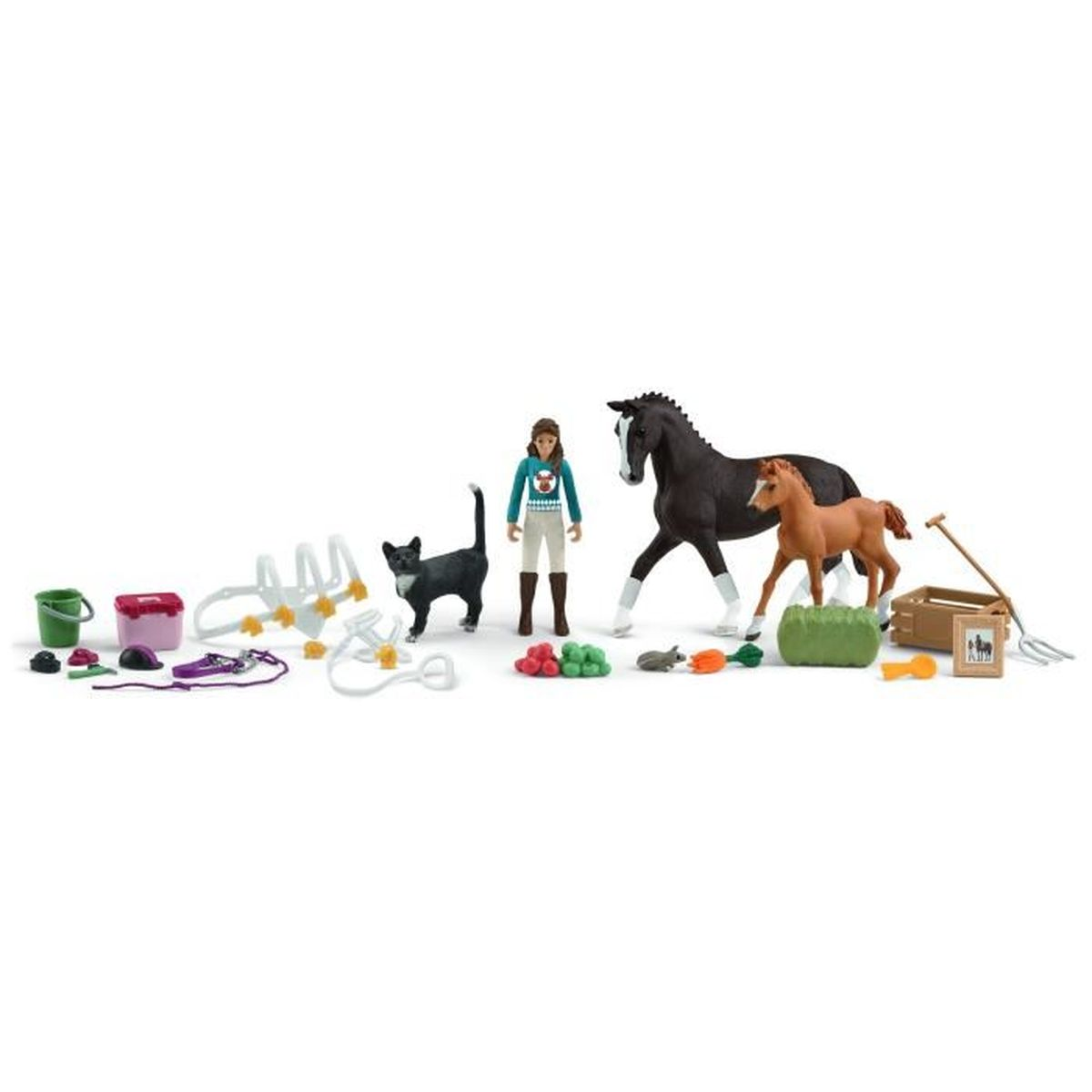 Pferd Spielzeug, Katze, Mädchen Figur und Zubehör auf weißer Oberfläche.