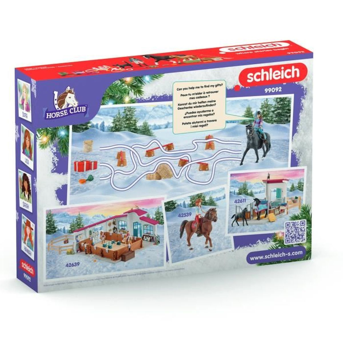 Rückseite der Horse Club Spielzeugbox. Schneelandschaft mit Pferden und Geschenken. Text in mehreren Sprachen.