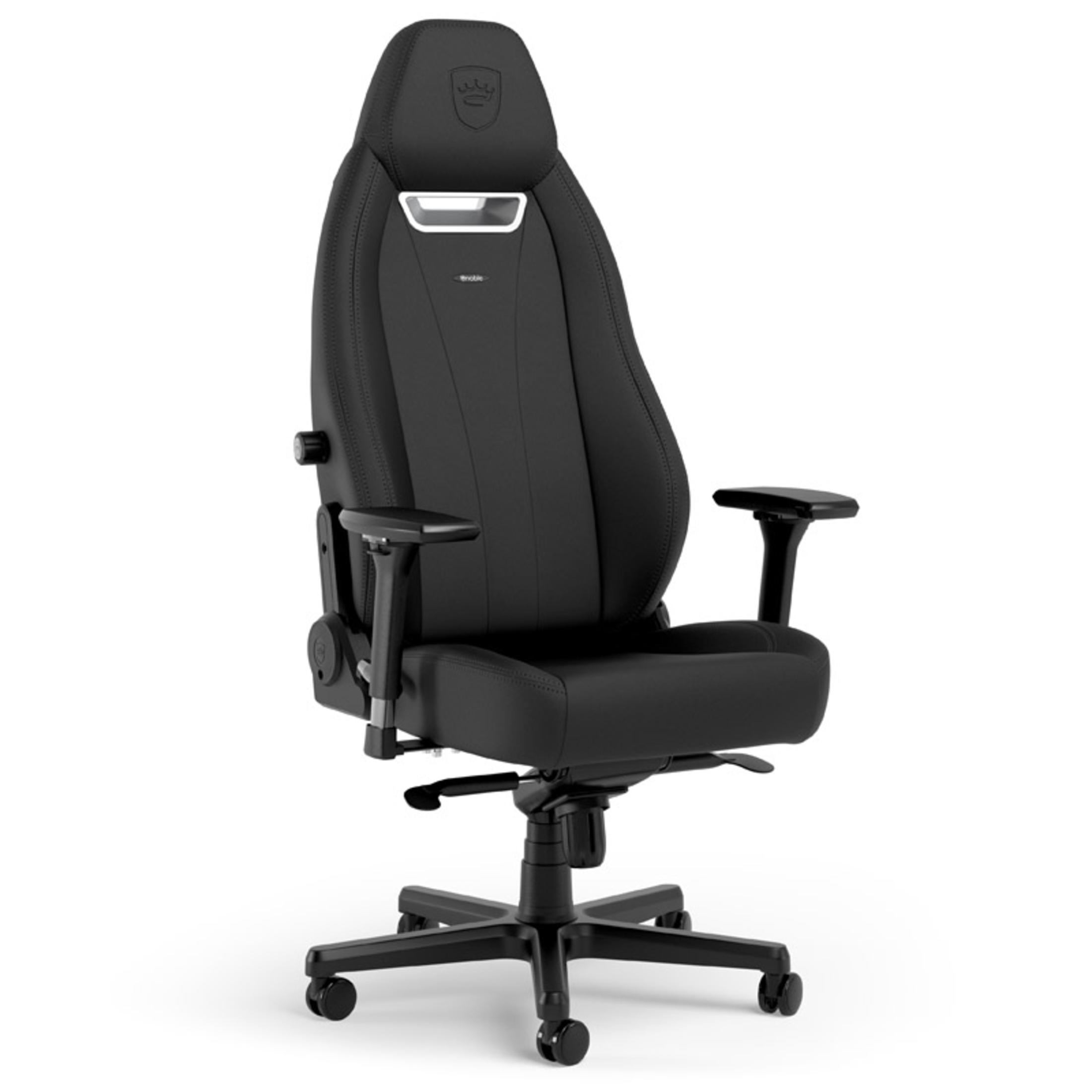 Schwarzer Gaming-Stuhl mit Kopfstütze, Armlehnen und einem Fünf-Rad-Gestell.