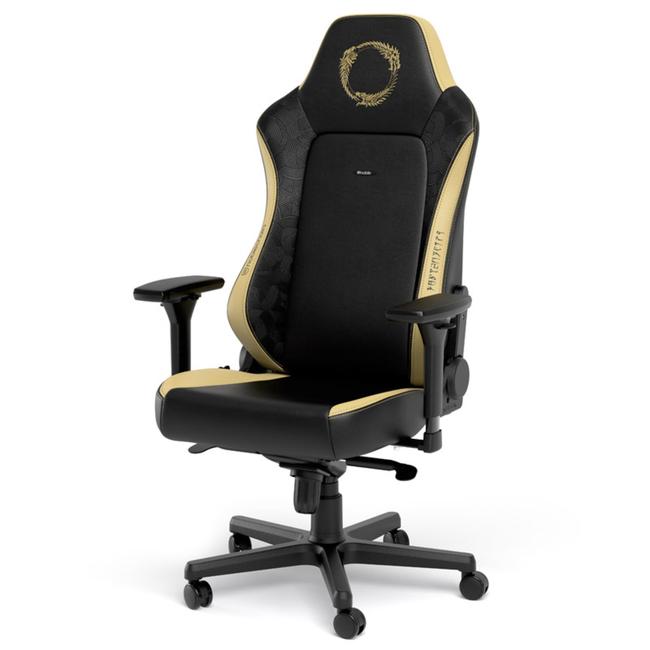 Gaming-Stuhl mit schwarzem und goldenem Design, mit Logo und Text auf der Rückseite beschriftet.