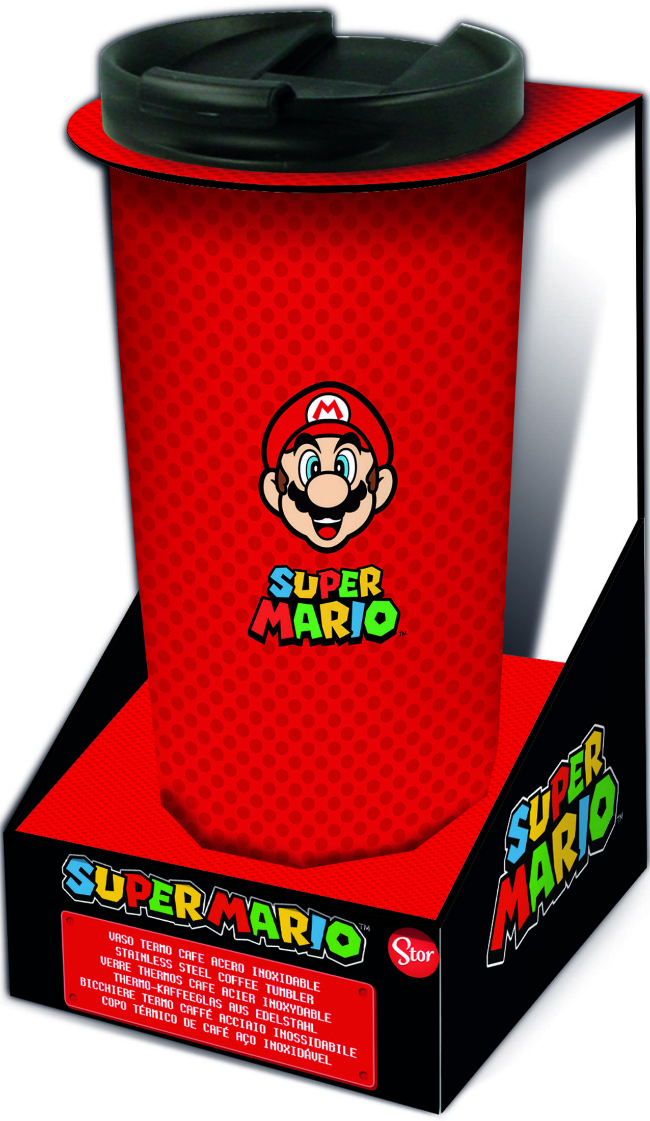 Un vaso de viaje de Super Mario en una caja. El vaso es rojo con la cara y el logo de Mario.