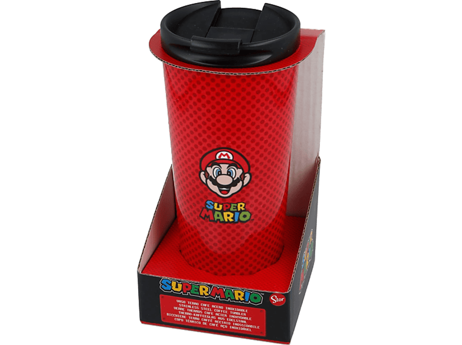 Taza de viaje roja de Super Mario en caja. Taza con tapa negra.