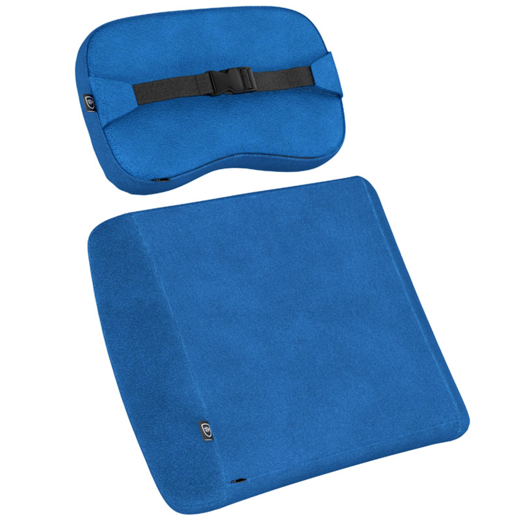 Blaues Lendenwirbelstützen- und Sitzkissen-Set.