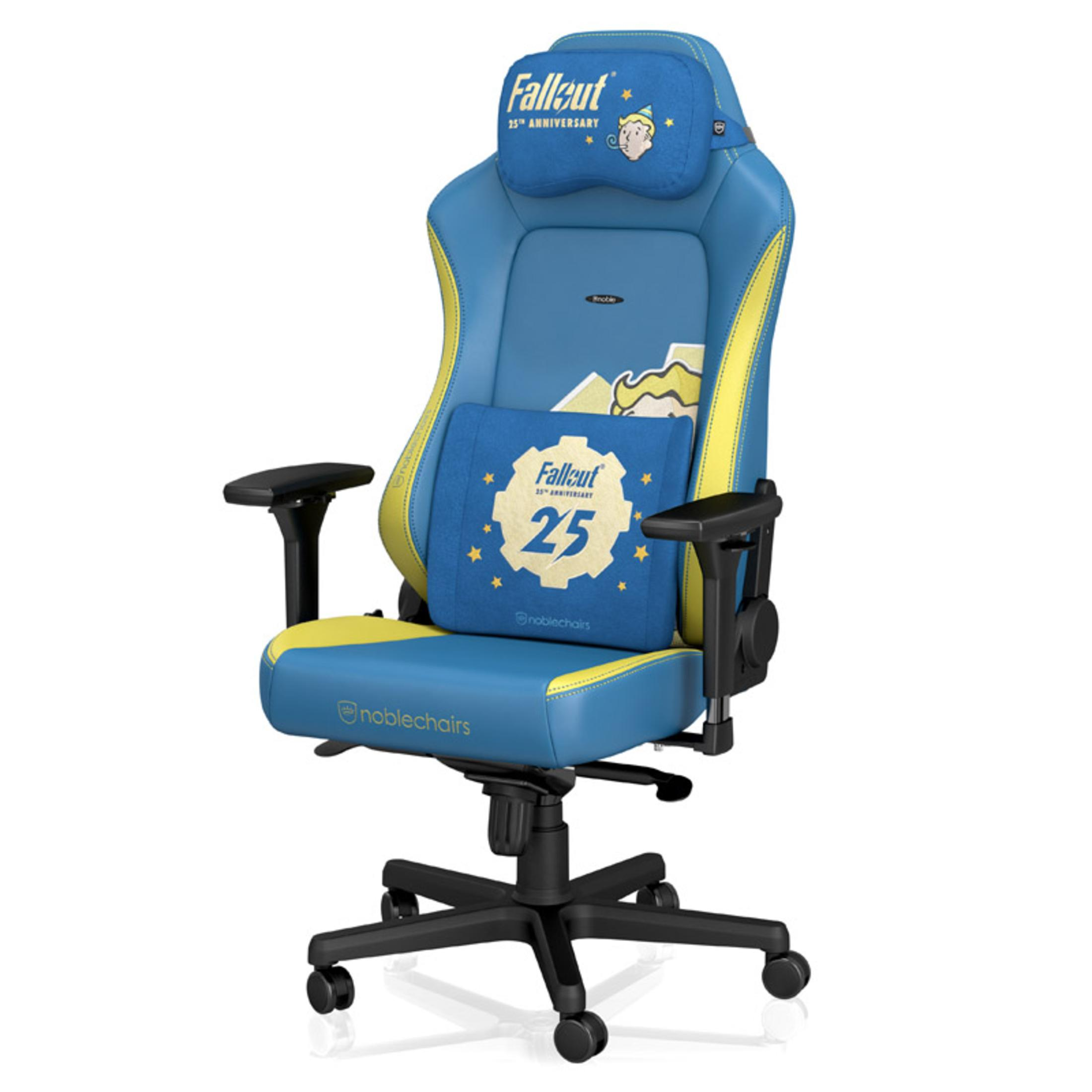 Ein blau-gelber Gaming-Stuhl mit Fallout-Logo und -Design.