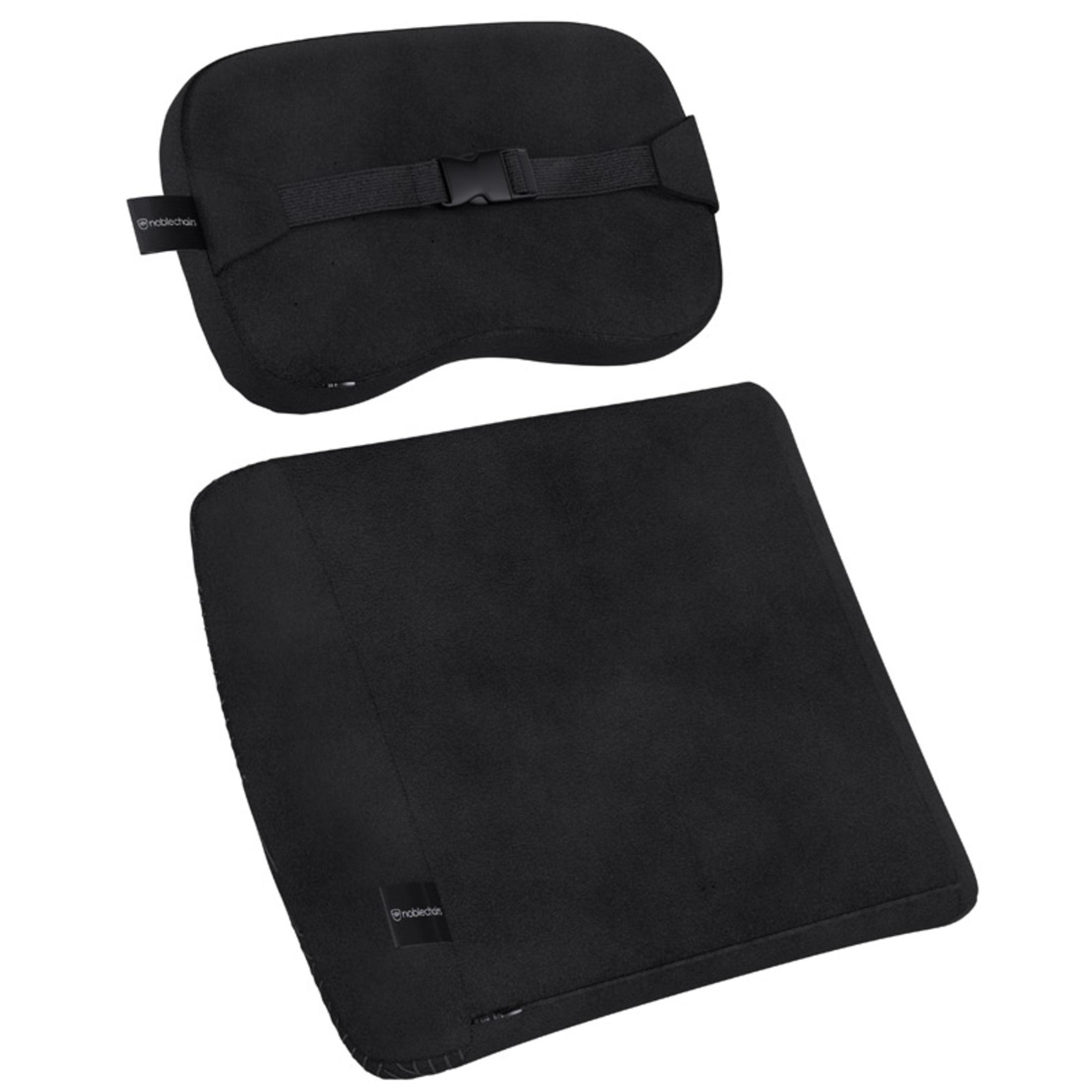 Schwarzes Stuhlkissen-Set mit Kopfstütze und Sitzkissen.