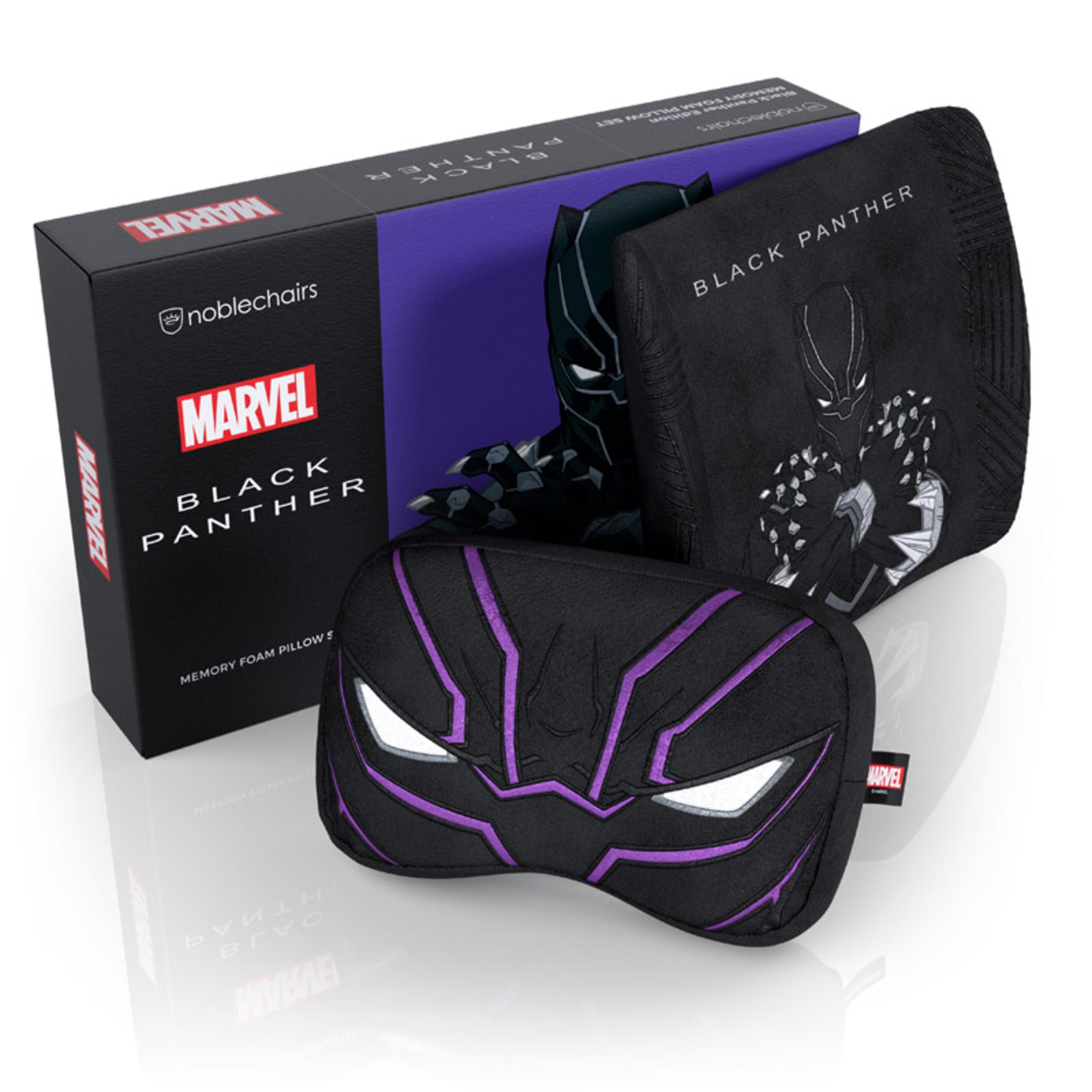 Kissen im Black Panther-Design und eine Box. Die Box trägt Marvel- und Black Panther-Logos.
