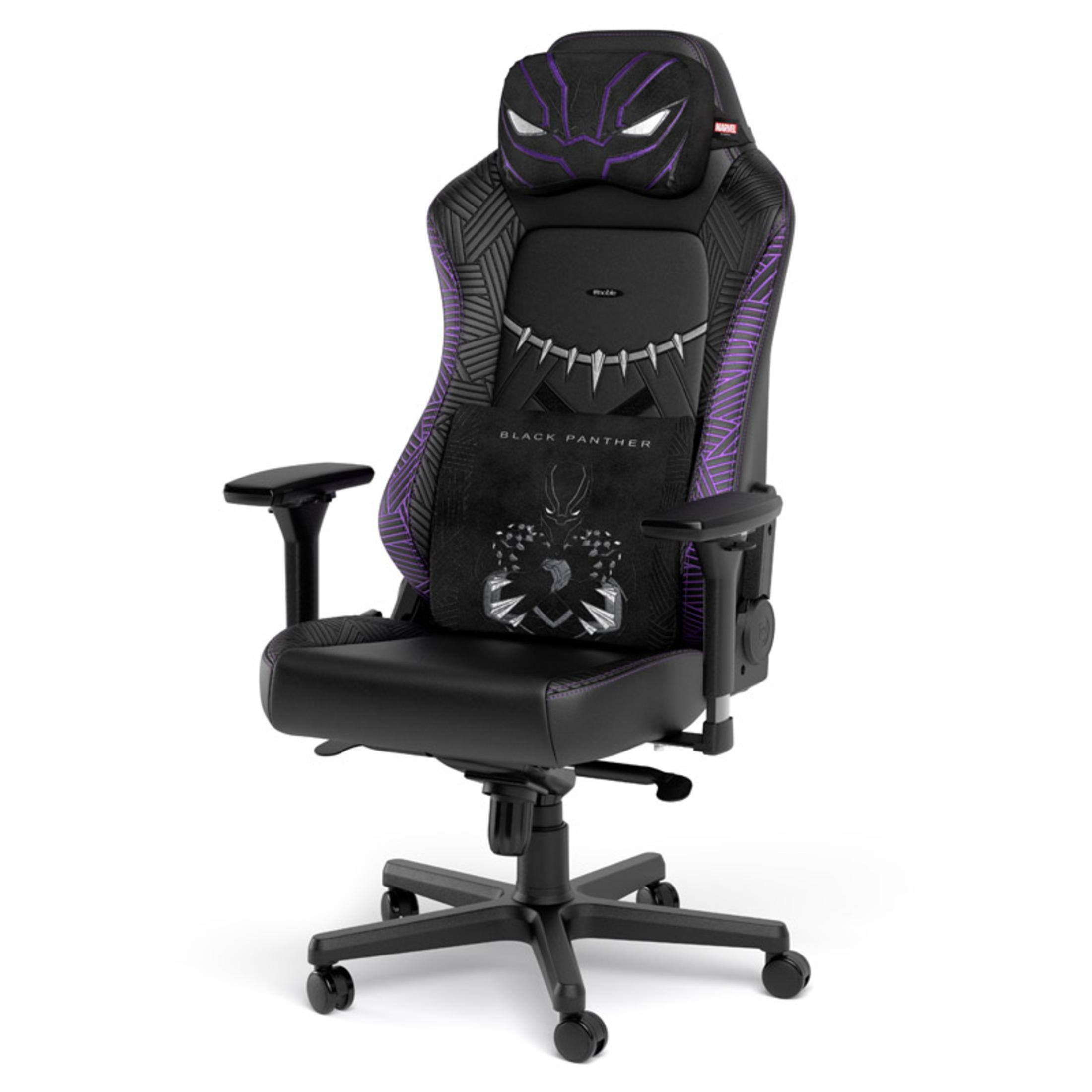 Black Panther Gaming-Stuhl, schwarz mit lila Akzenten, weißer Hintergrund.