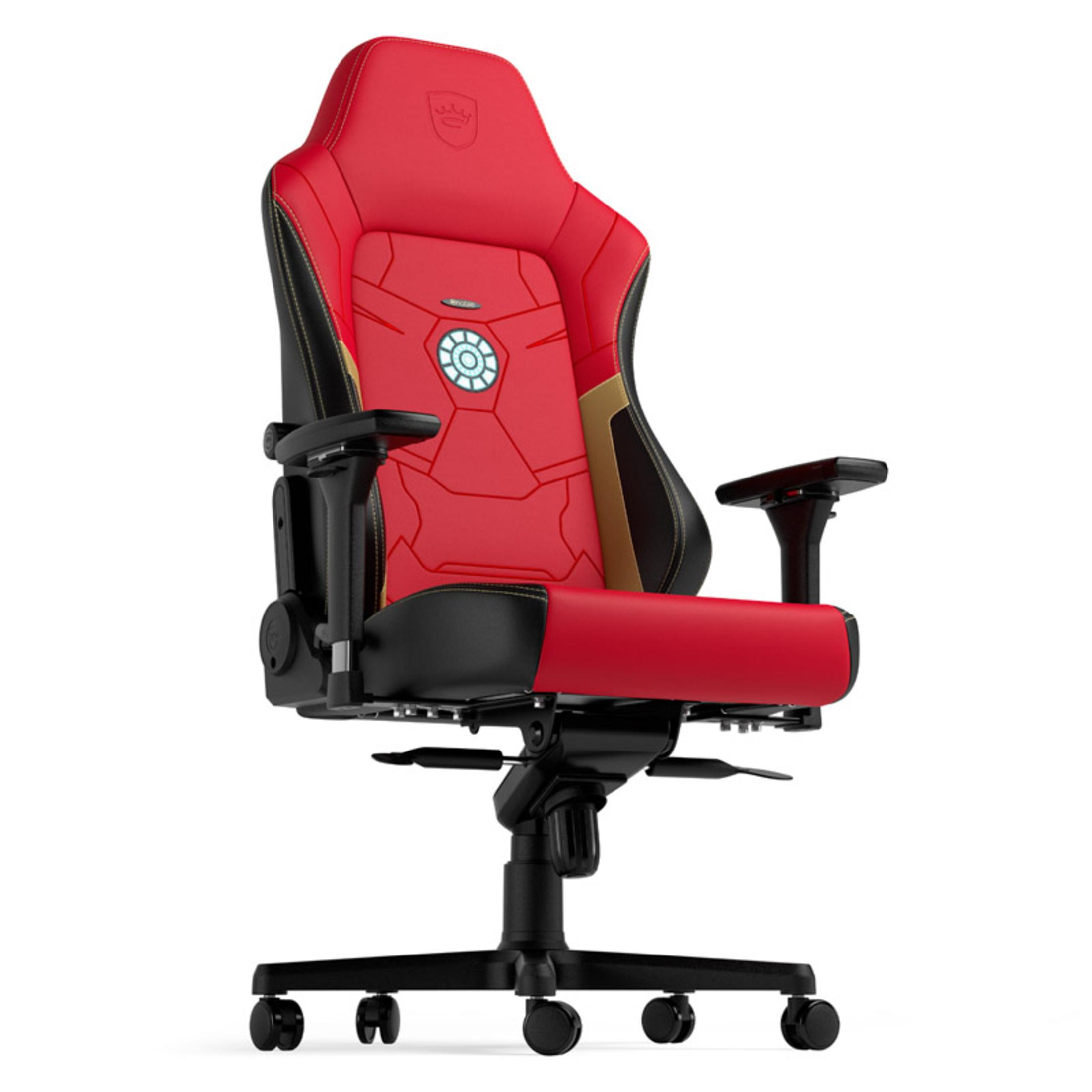 Un fauteuil de jeu Iron Man rouge et noir avec appuie-tête, accoudoirs et roulettes.