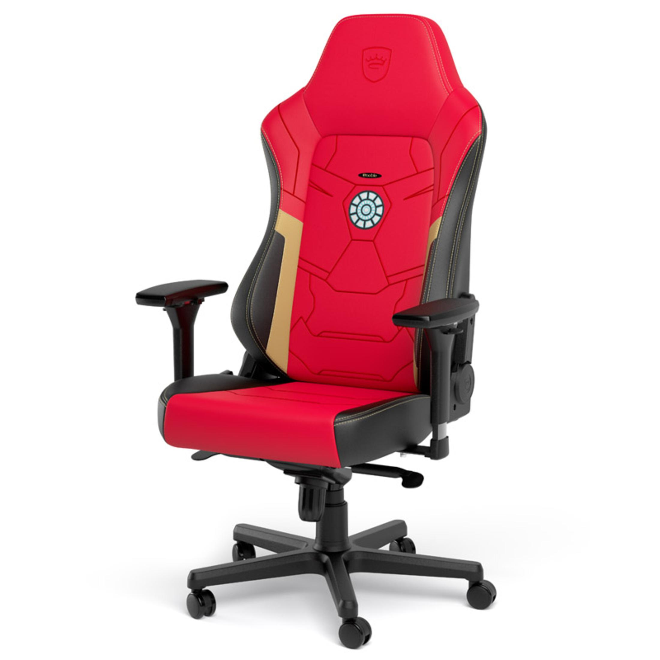 Une chaise de jeu sur le thème d'Iron Man, rouge et noire. Comporte le design du réacteur arc d'Iron Man.