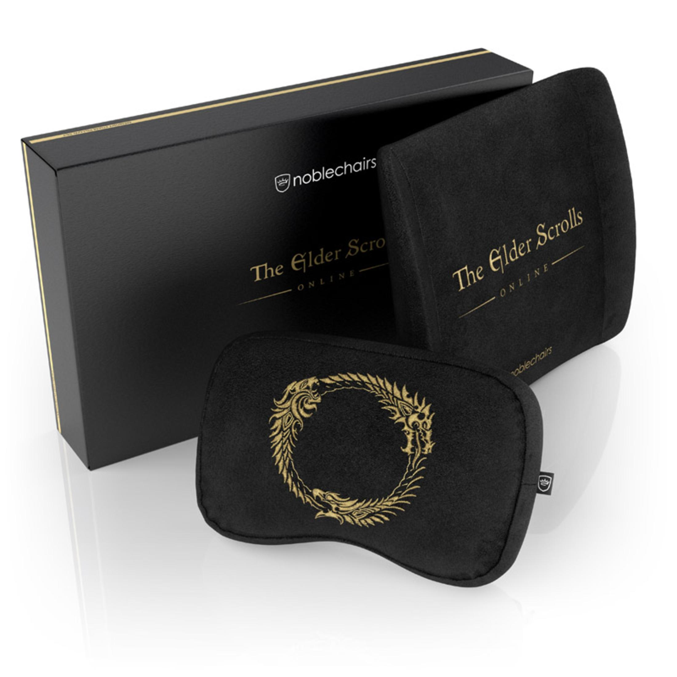 Schwarzes Box-Set mit Kissen, mit dem Logo 'The Elder Scrolls Online' und einem goldenen Emblem versehen.