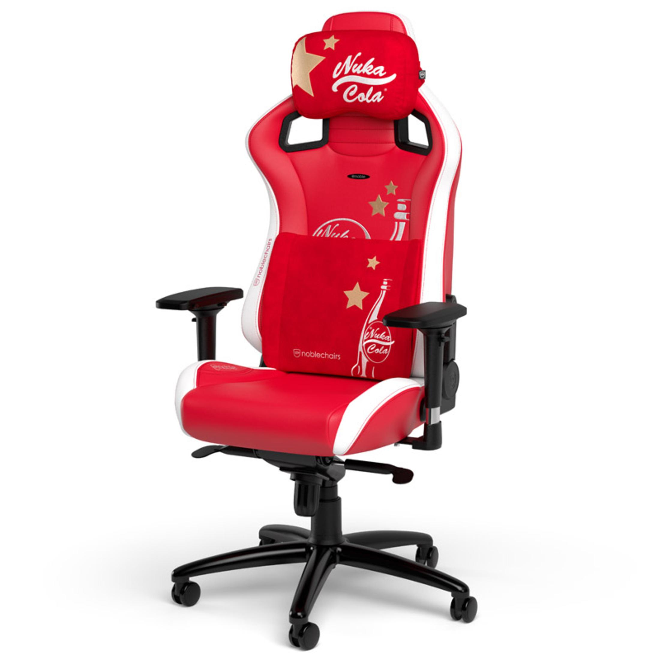 Roter und weißer Gaming-Stuhl mit Fallout- und Nuka-Cola-Logos.