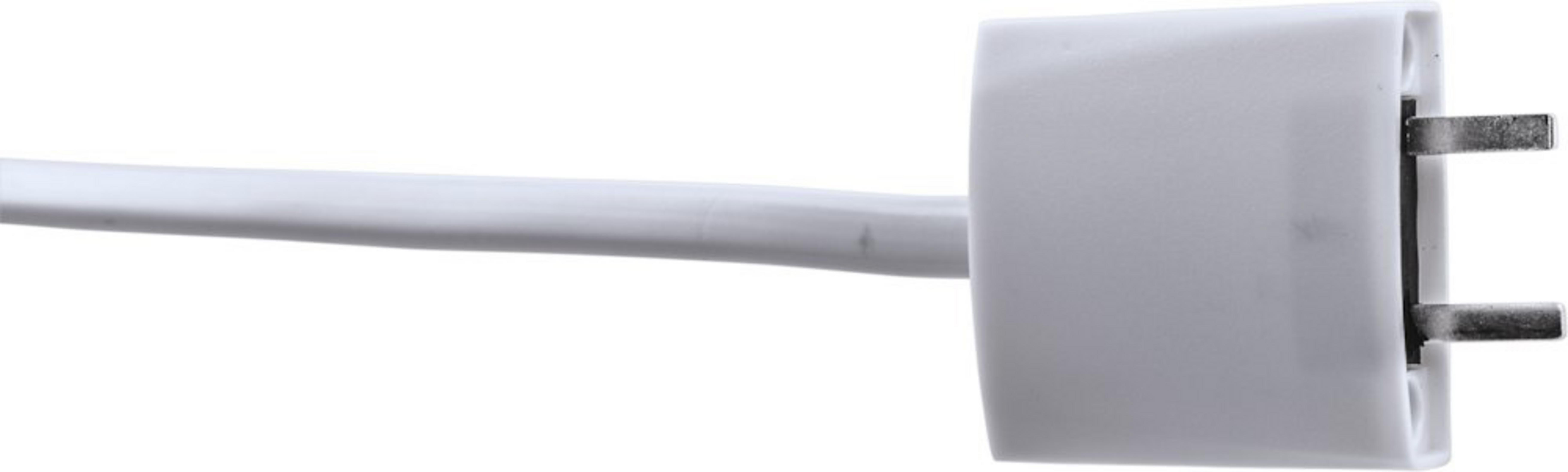 Weißer Netzstecker mit zwei Stiften.