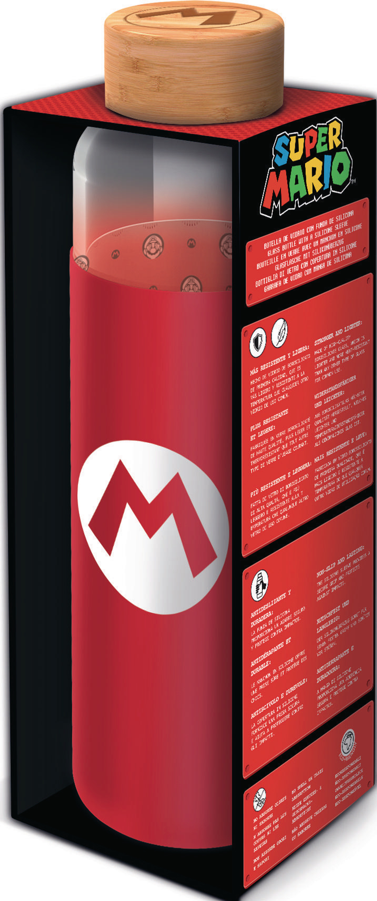 Eine Wasserflasche im Super Mario-Design in einer Box mit Text und Bildern auf der Verpackung.