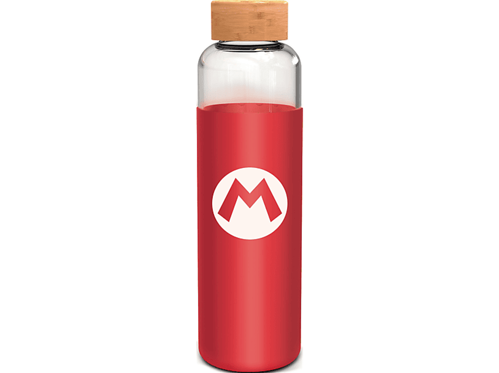 Eine rote und klare Glaswasserflasche mit einem weißen Logo.