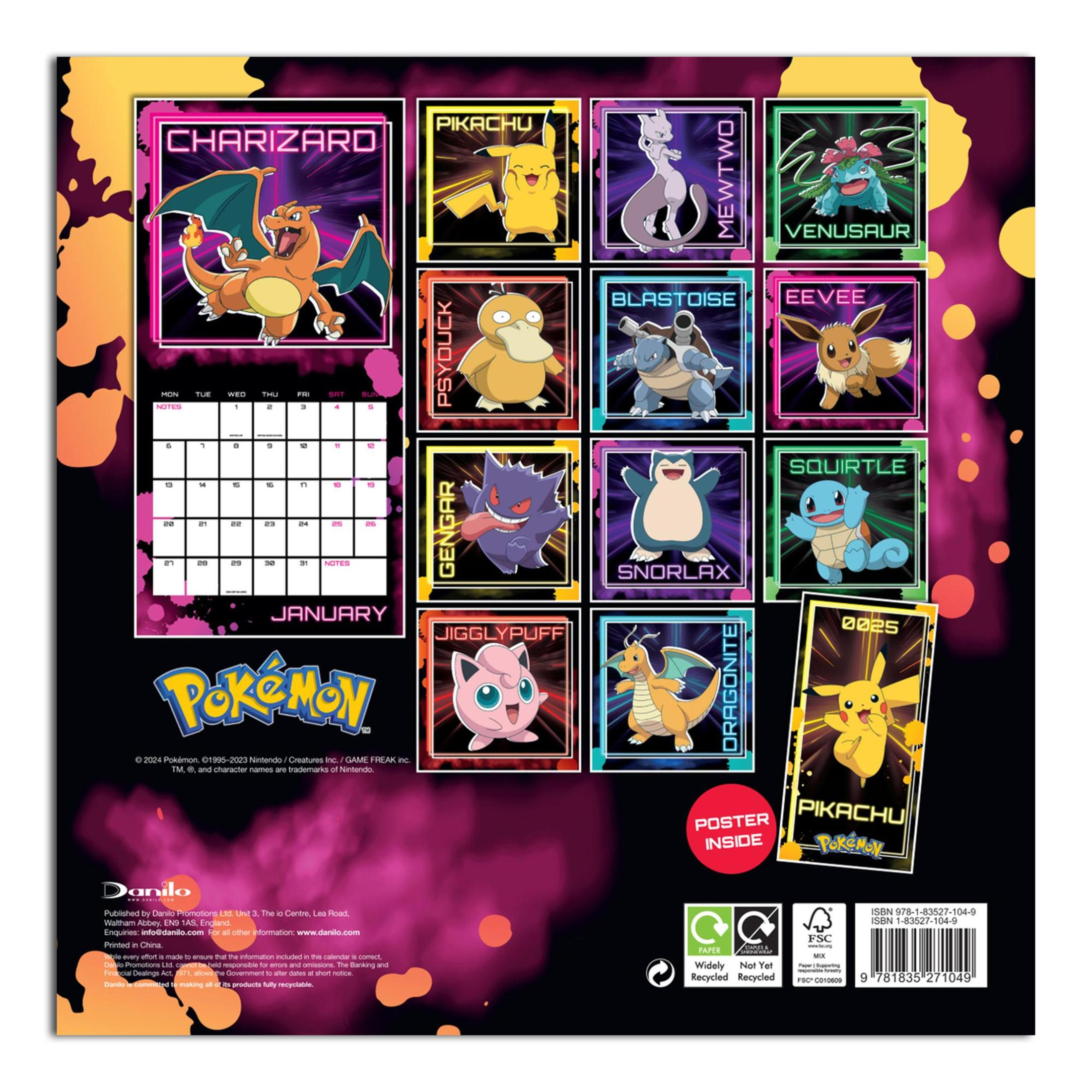 Pokémon-Kalender für Januar mit verschiedenen Pokémon-Charakteren. Weißer Hintergrund.