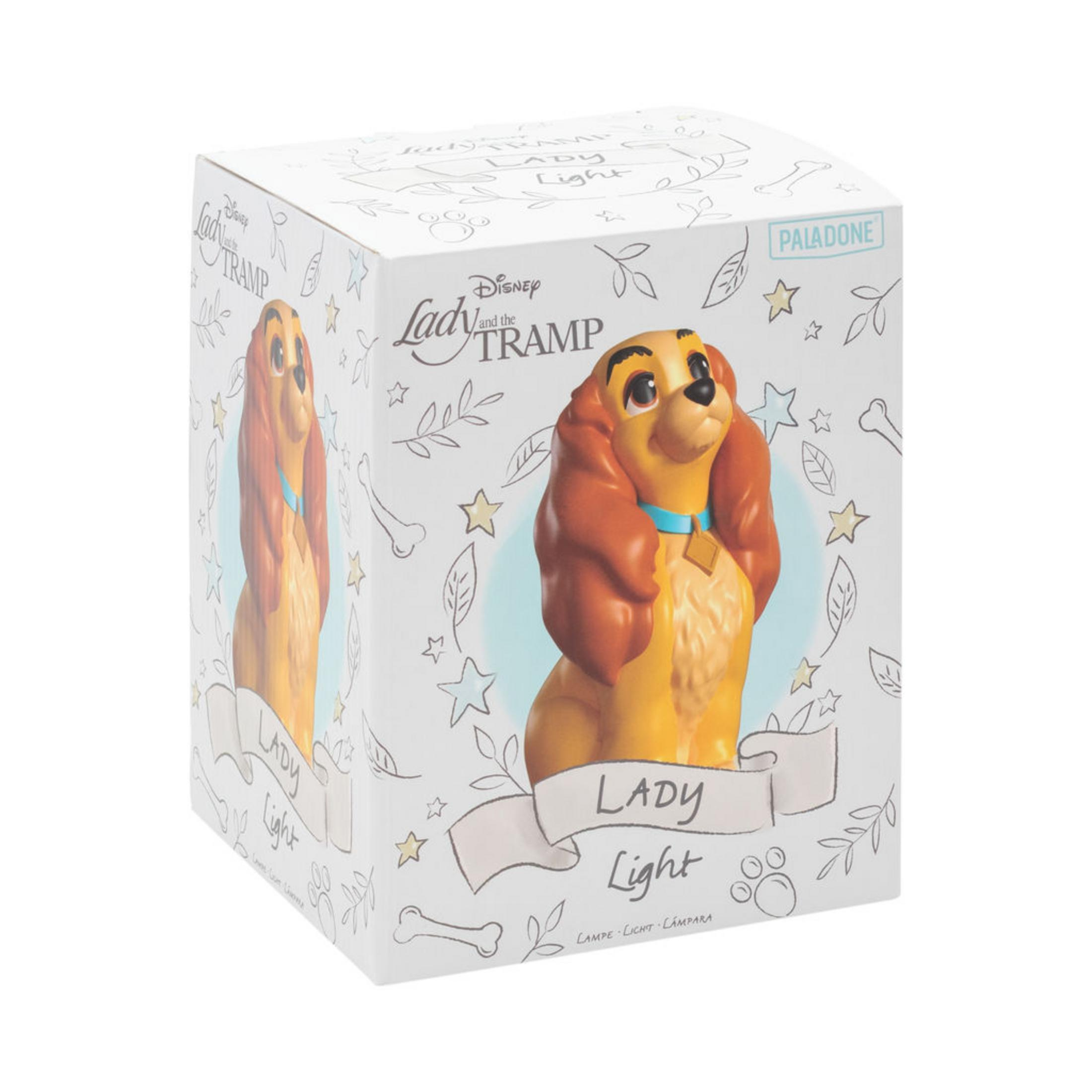 Eine Lady and the Tramp Leuchtbox mit einem Cartoon-Hundebild und Text auf weißem Hintergrund.