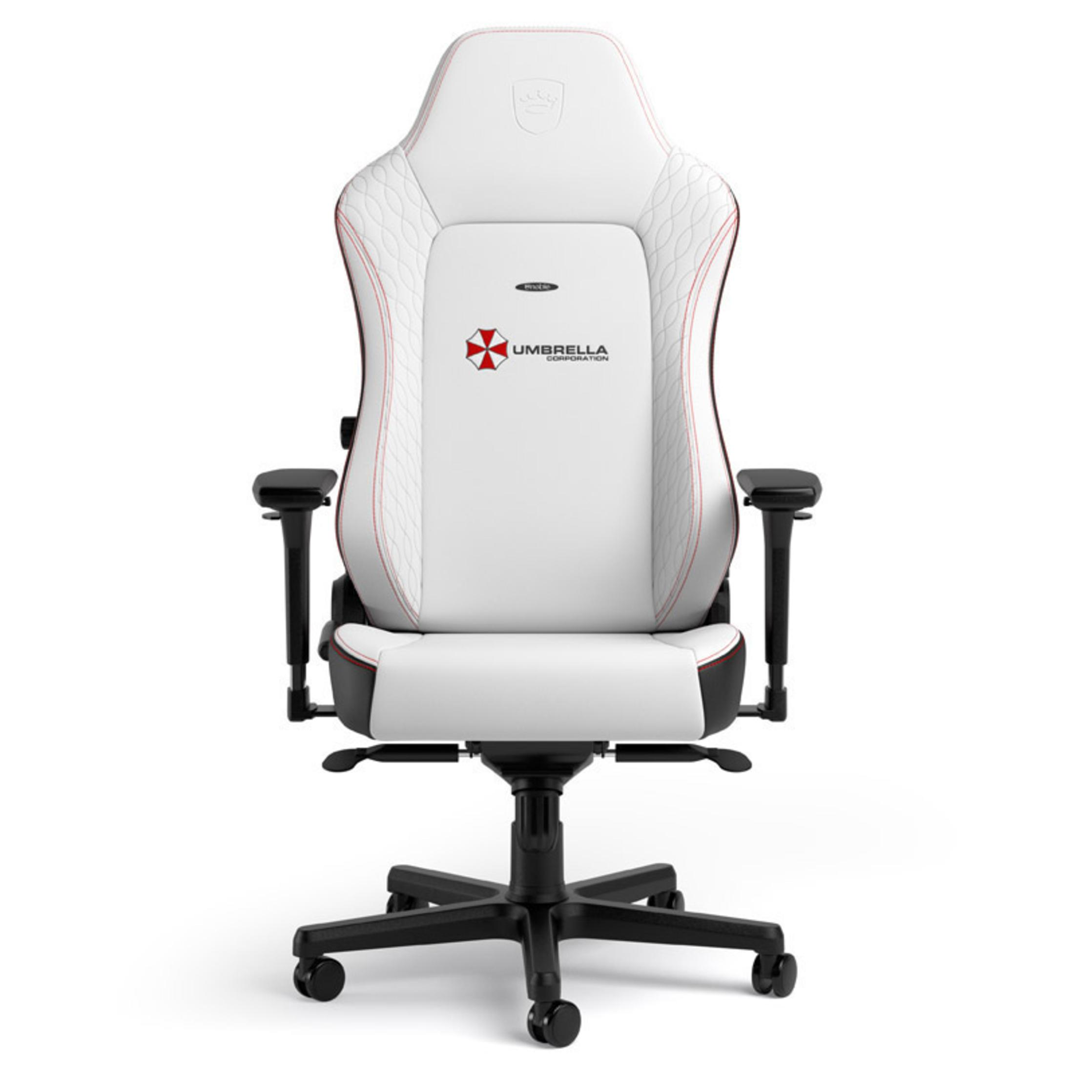 Weißer Gaming-Stuhl mit roter Naht, schwarzen Armlehnen und dem Umbrella Corporation Logo.