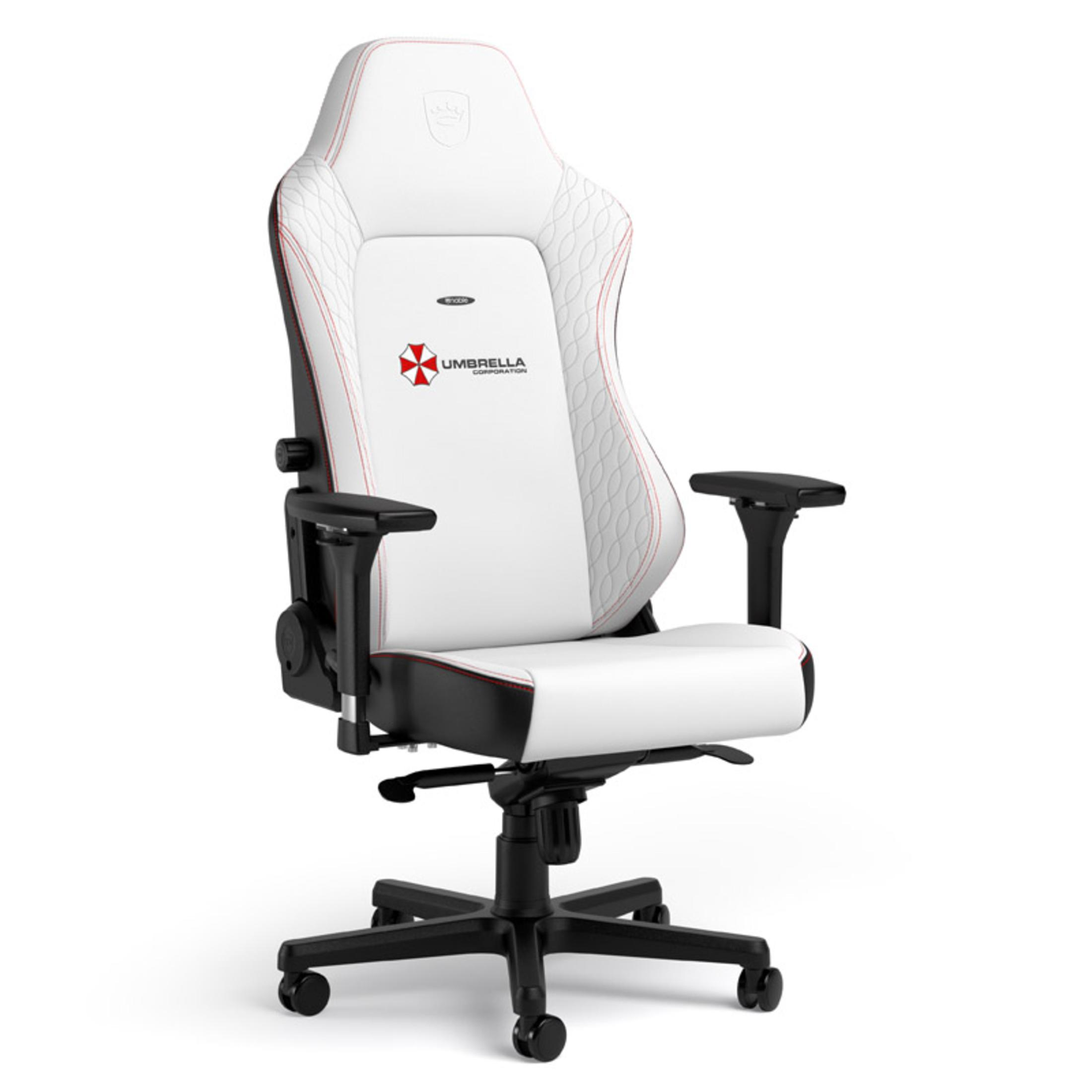 Weißer Gaming-Stuhl mit dem Umbrella Corporation-Logo. Schwarze Basis, rote Nähte, weißer Hintergrund.