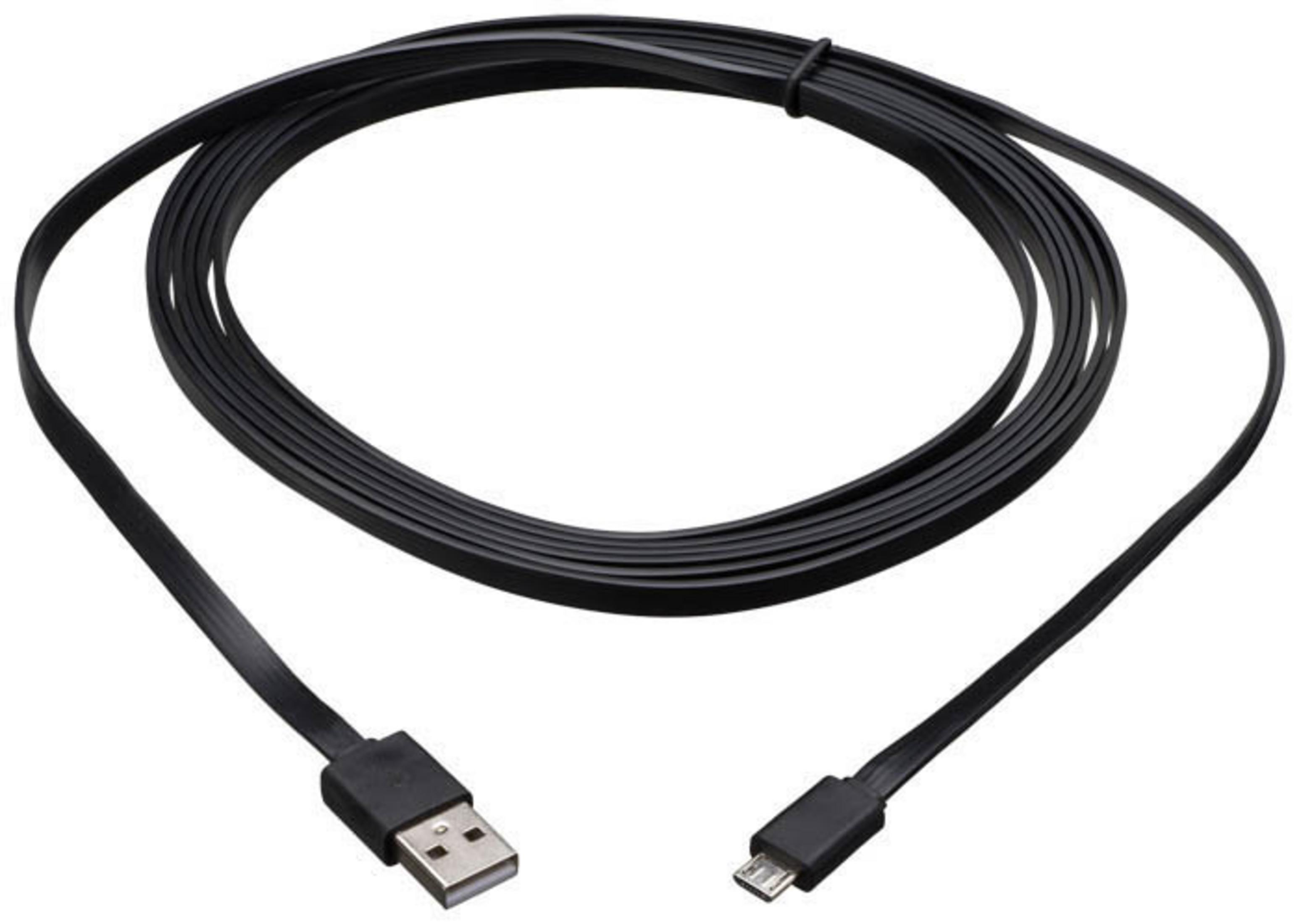 Schwarzes USB-Ladekabel, flach, aufgerollt. Mit USB- und Micro-USB-Anschlüssen.