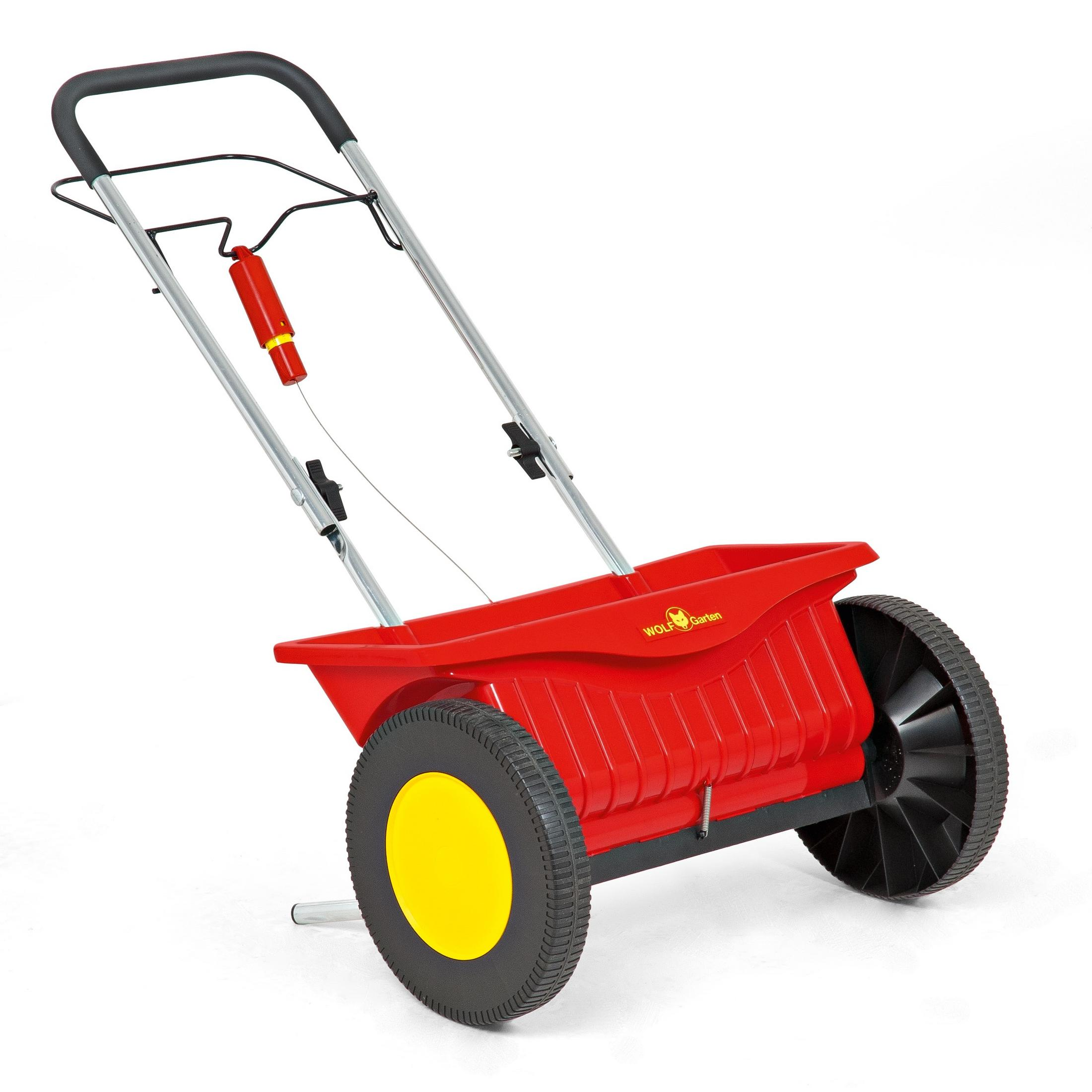 Roter und schwarzer Gartenspreizer mit gelben Rädern und silbernem Griff, vor weißem Hintergrund.