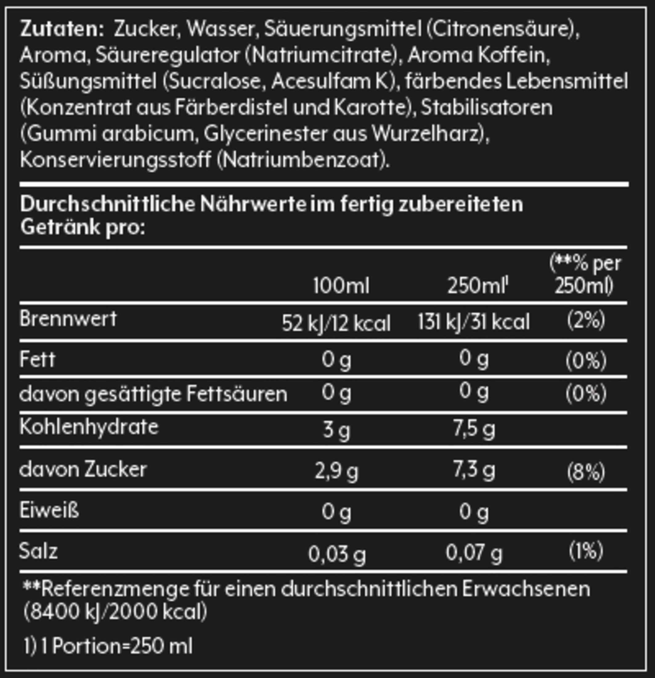 Nährwerttabelle für ein Getränk, detailliert Kalorien, Fette, Kohlenhydrate, Zucker und Salz.