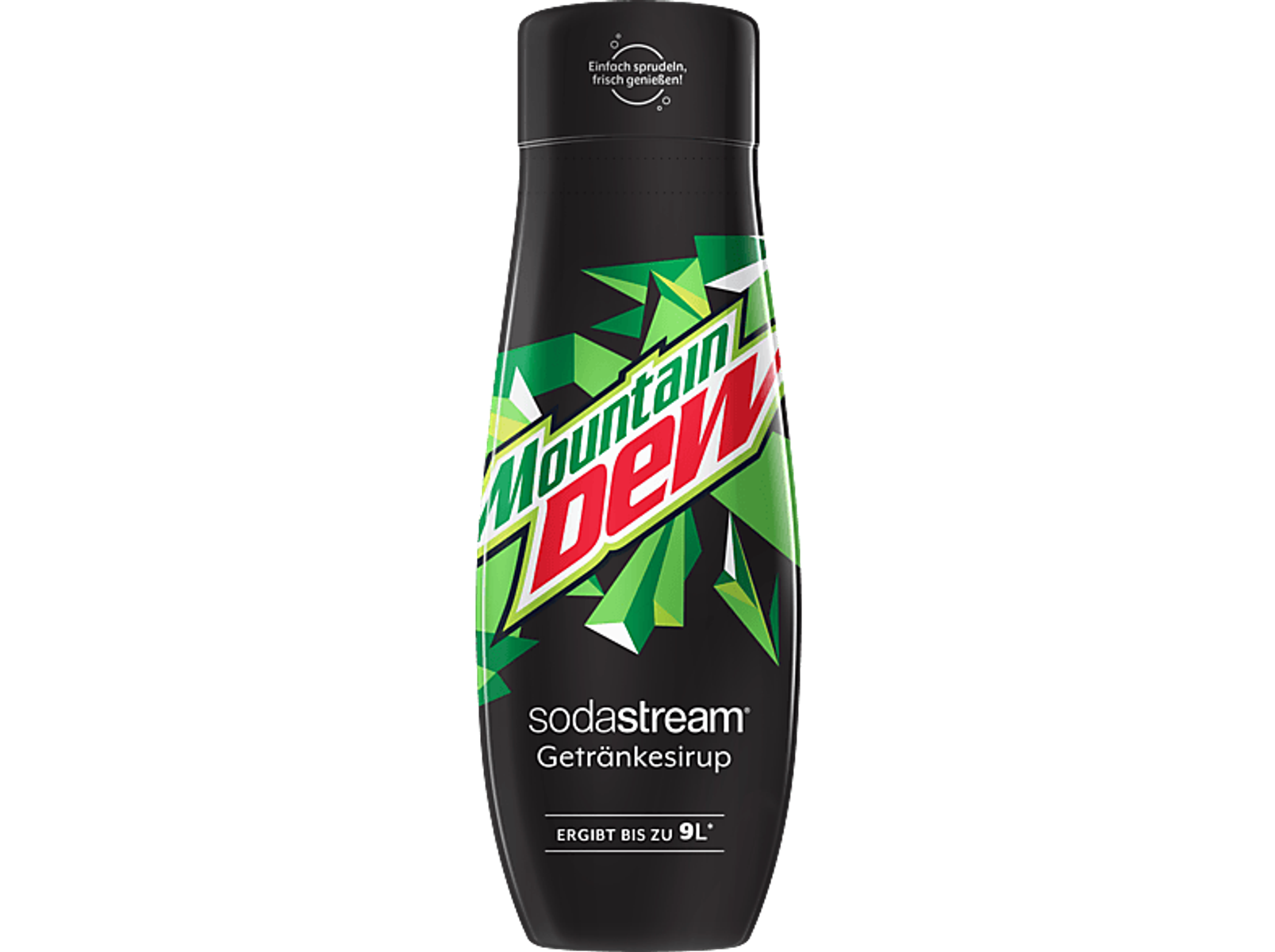 Schwarze Flasche Mountain Dew Sirup mit Text und grünem Design. Schwarzer Hintergrund.