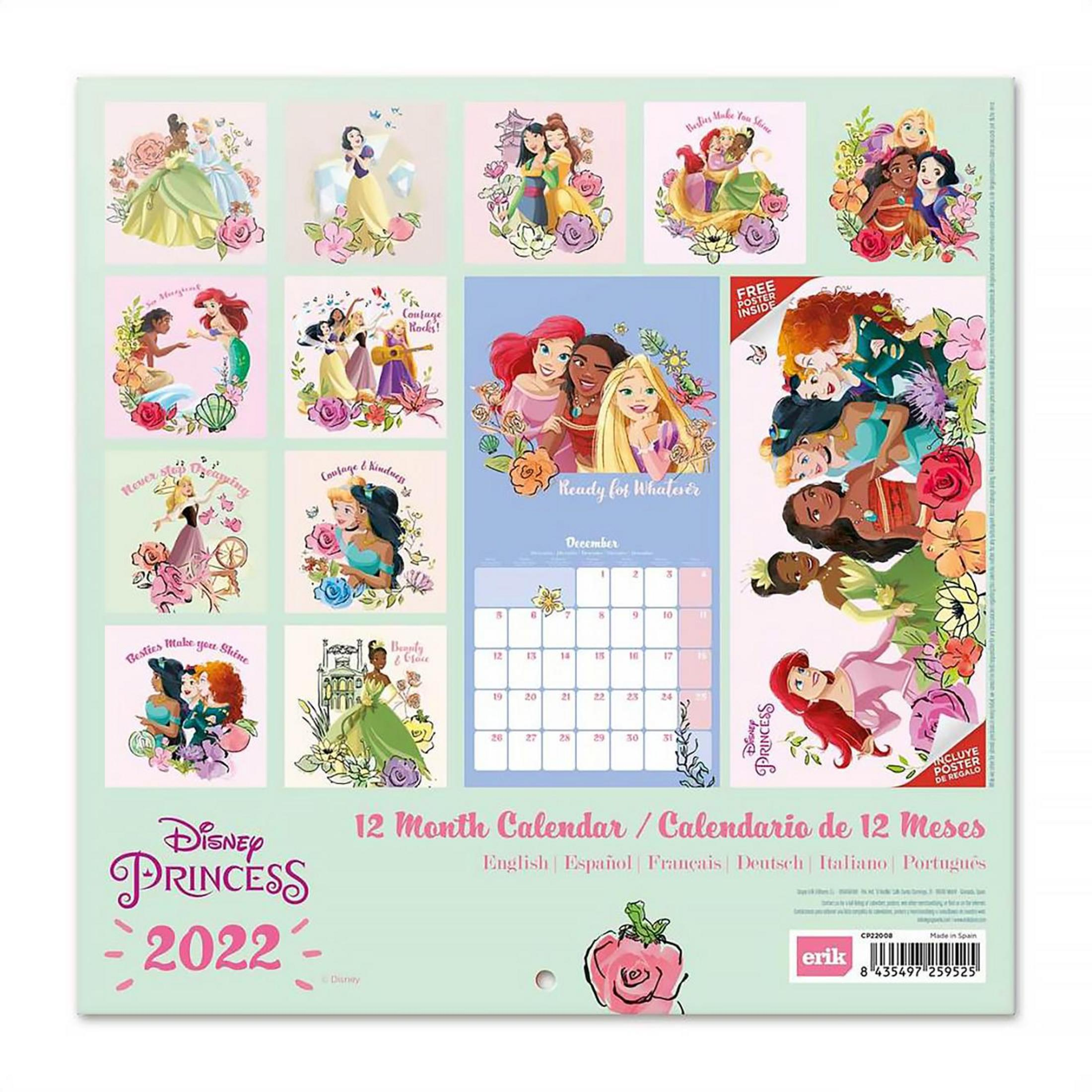 Disney Princess 2022 Kalender mit verschiedenen Disney Prinzessinnen-Illustrationen.