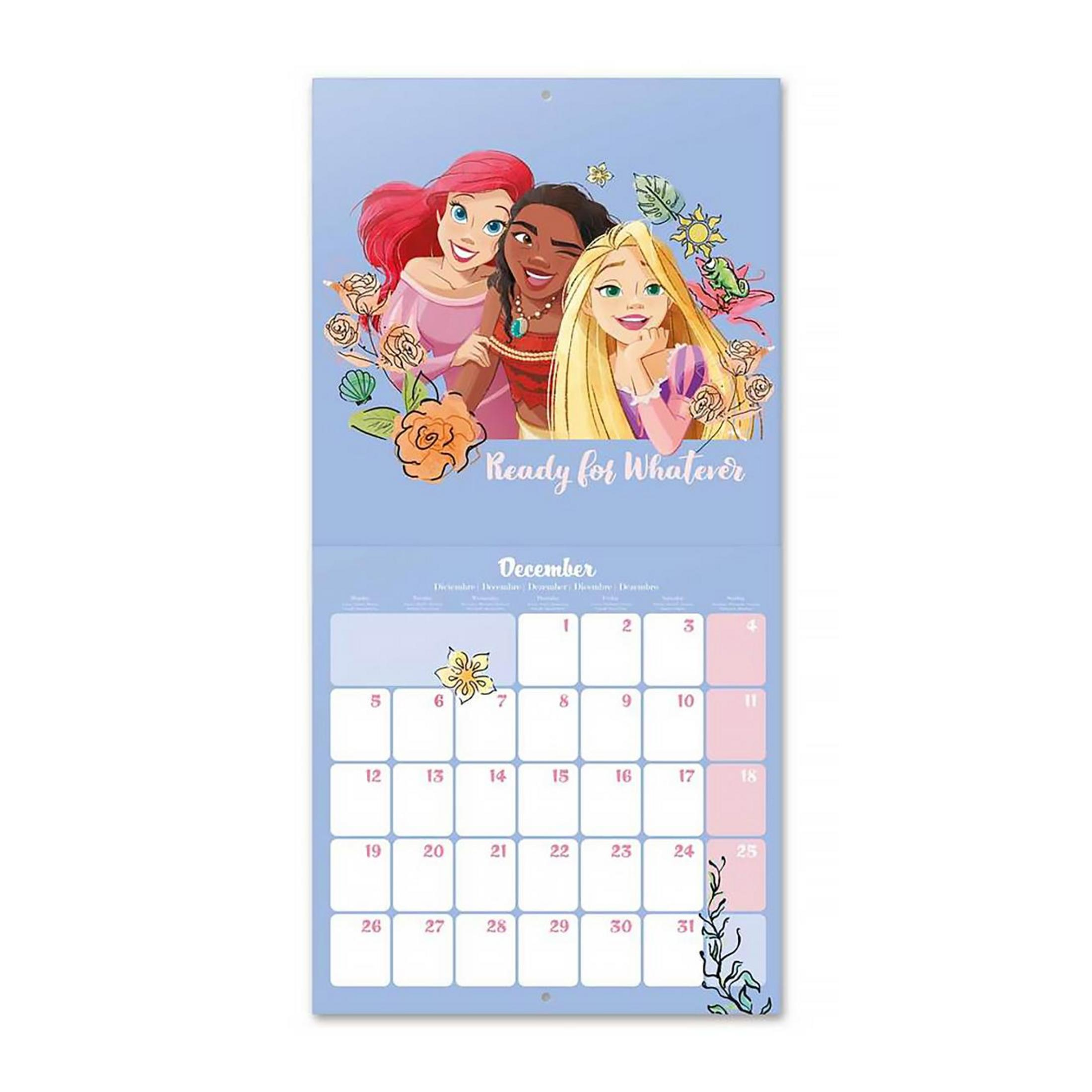 Dezember-Kalenderseite mit Disney-Prinzessinnen: Arielle, Vaiana und Rapunzel. Text: Ready for Whatever.