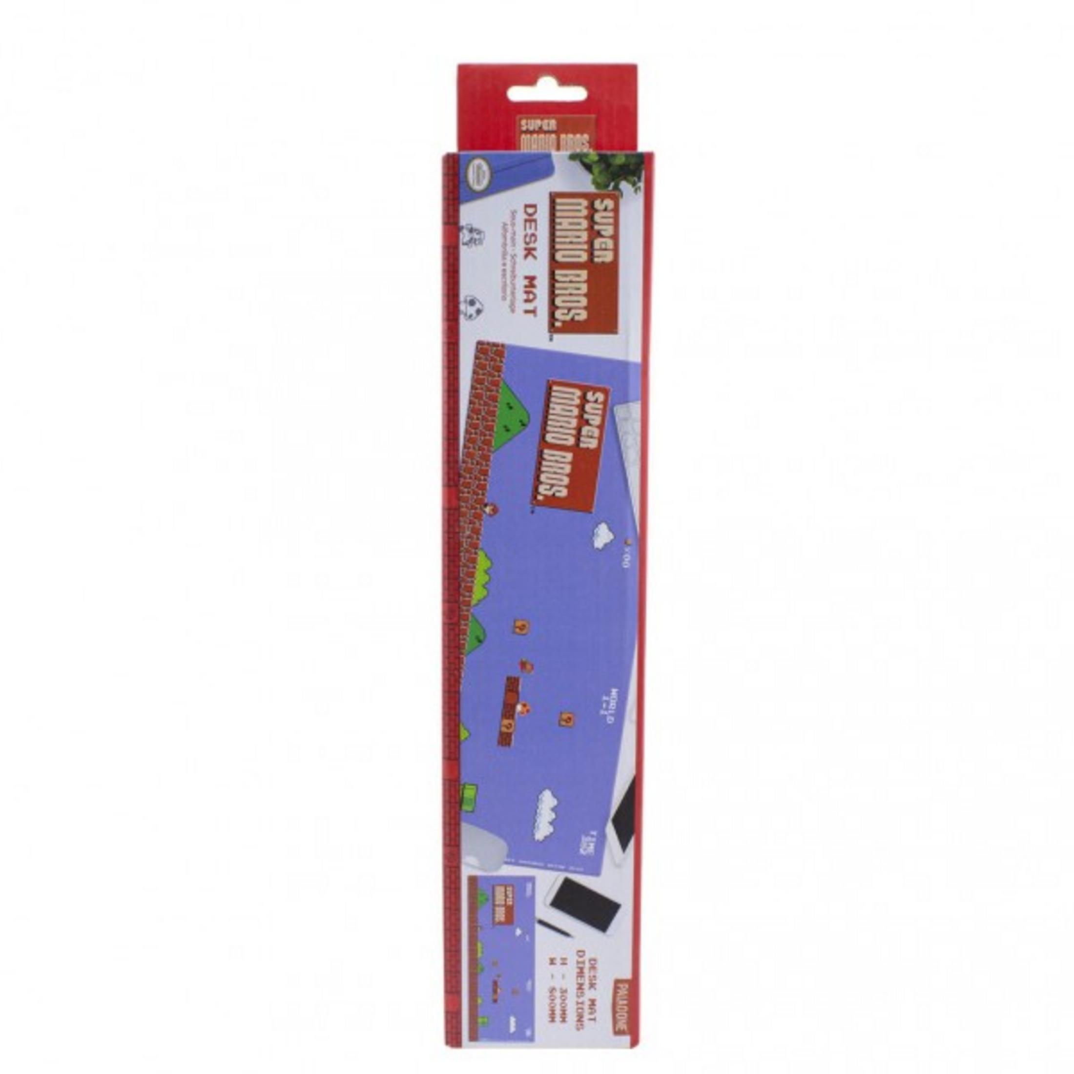 Super Mario Bros. Schreibtischunterlage in Verpackung. Es zeigt die Spielgrafik, einschließlich Levels und Charaktere.