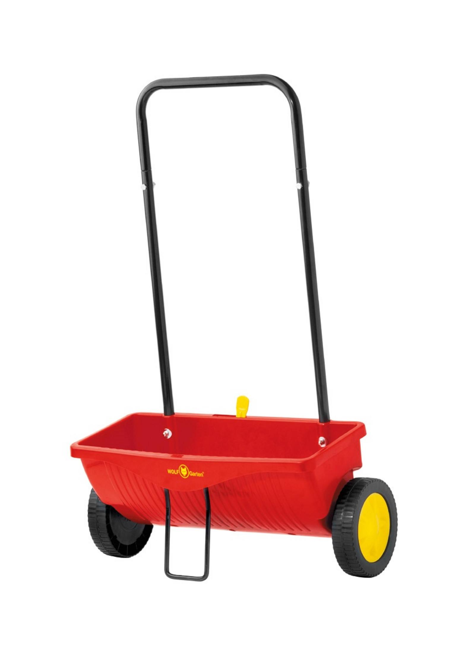 Ein roter Gartenspreizer mit schwarzem Griff und Rädern sowie einem gelben Griff oben.