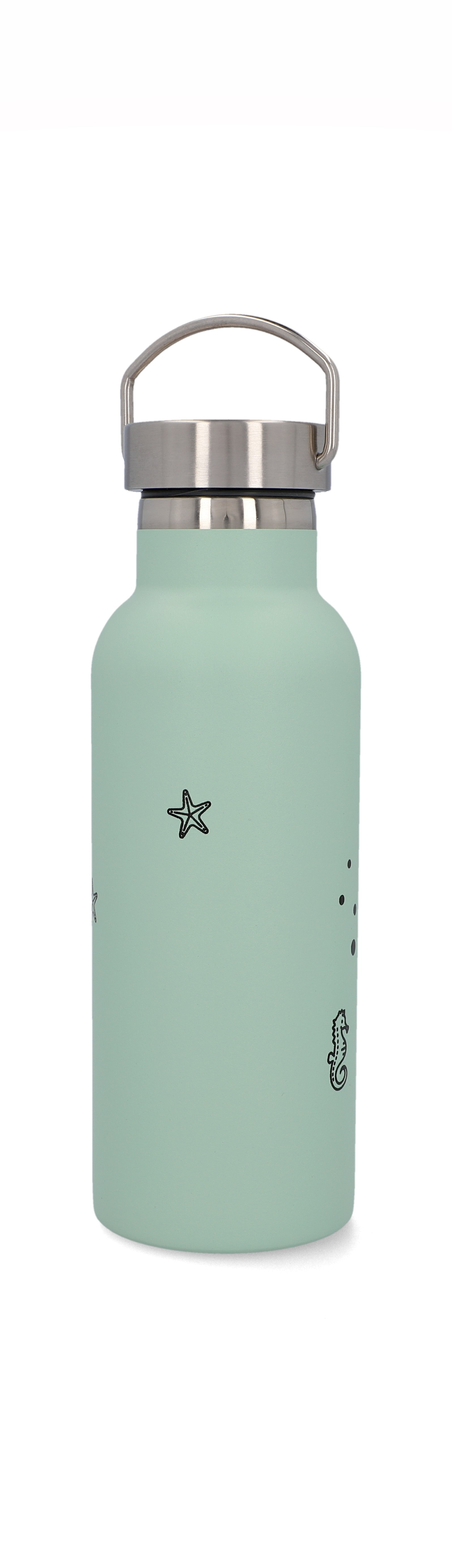 Minzgrüne Wasserflasche mit Stern- und Ankerdesign und silbernem Deckel.