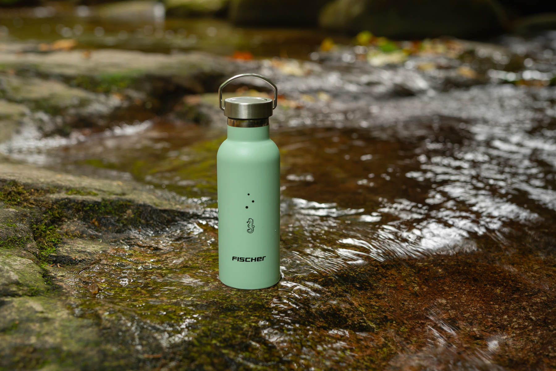 Grüne Wasserflasche mit Seepferdchenzeichnung, in der Nähe von Wasser.