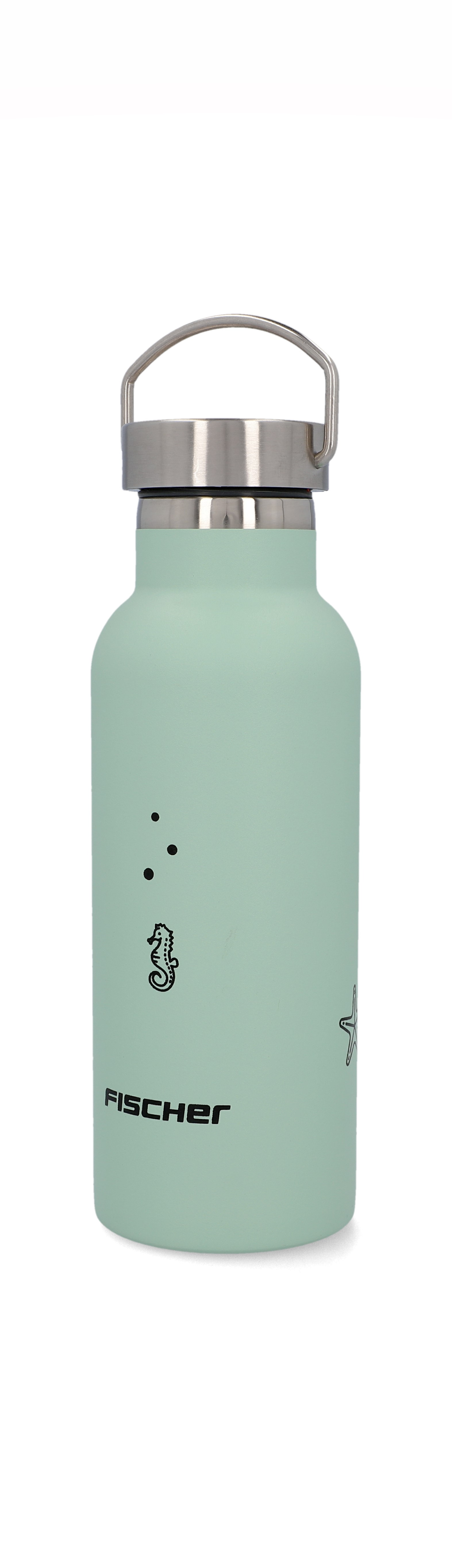 Eine hellgrüne Wasserflasche mit silbernem Deckel und Seepferdchen- und Punktedesign.