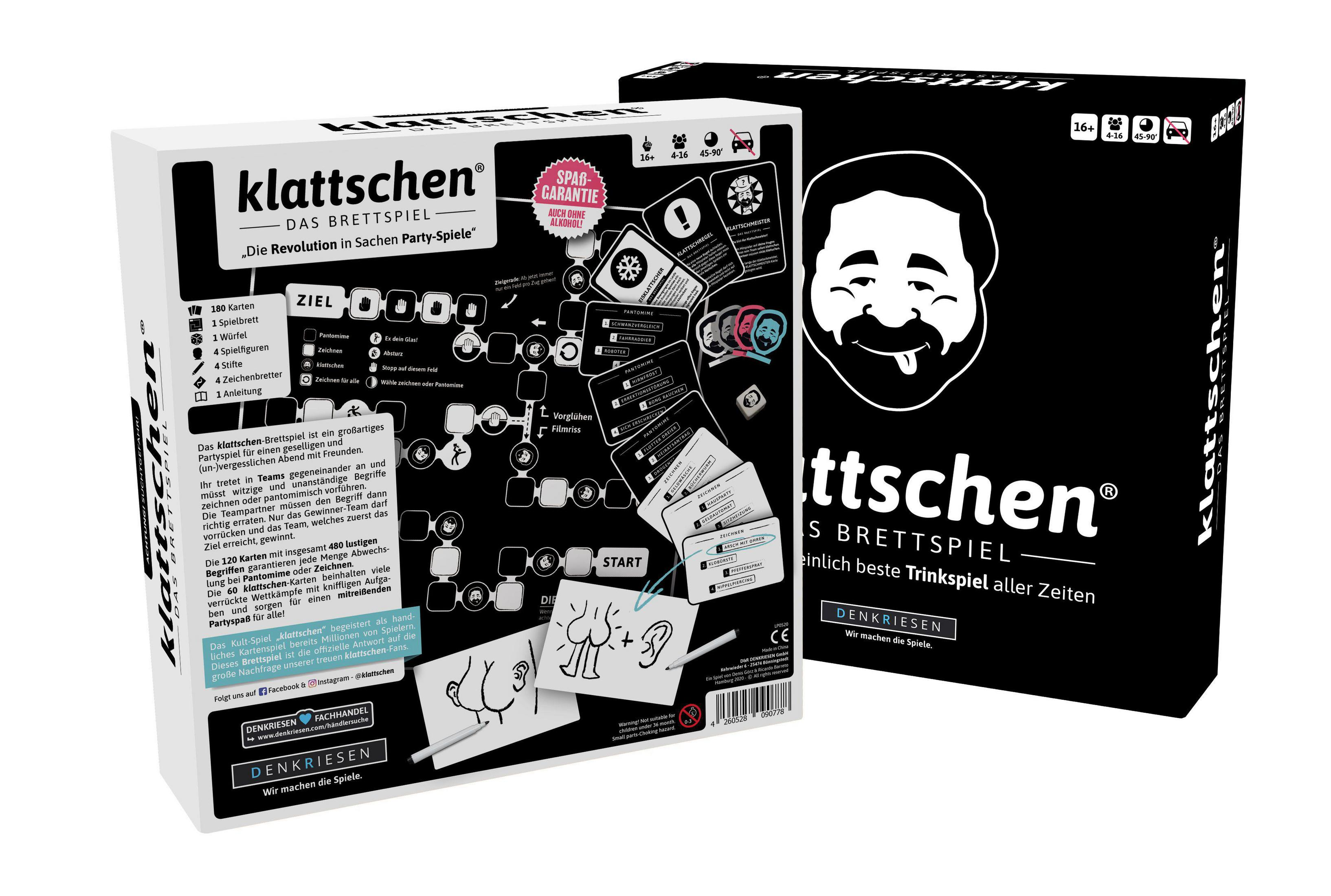 Brettspielboxen mit weißem und schwarzem Hintergrund, mit Spieletitel und Cartoon-Grafiken.