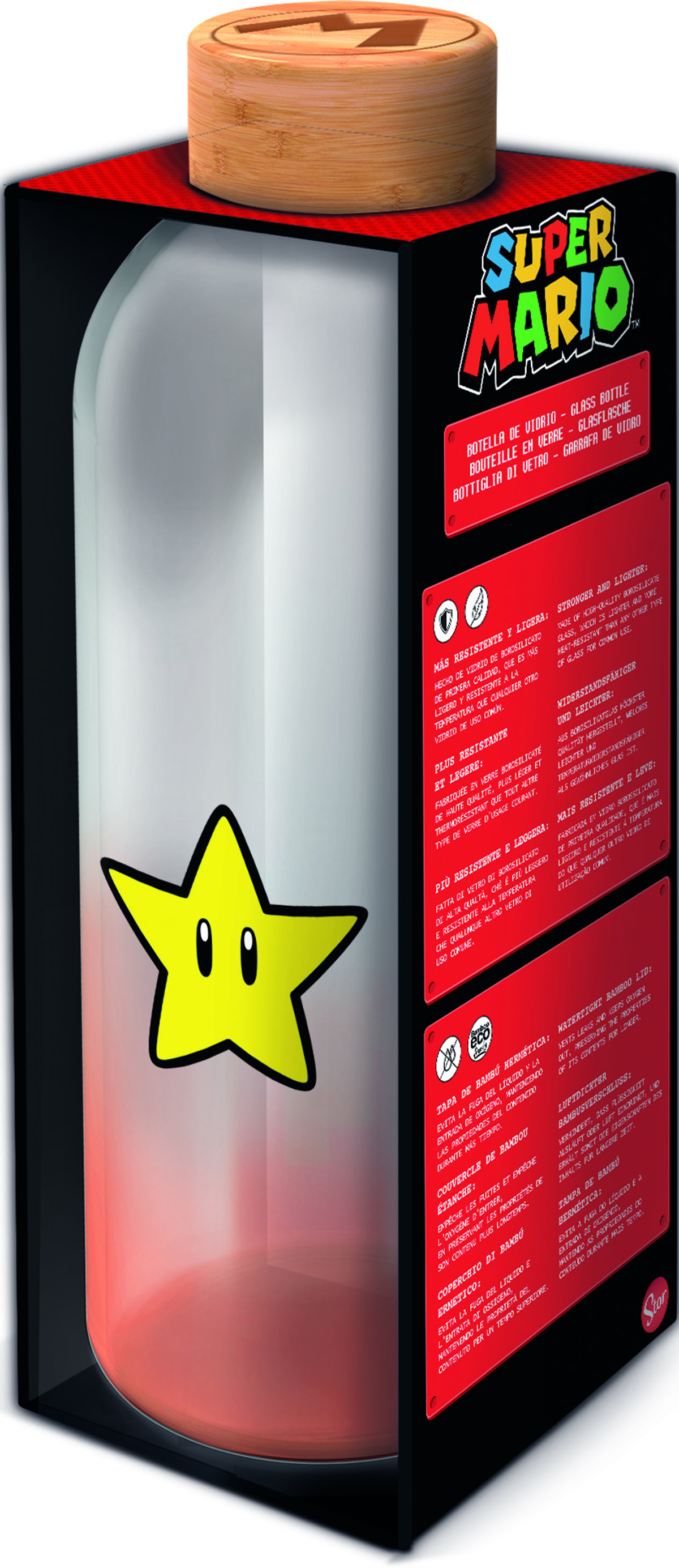 Botella de vidrio de Super Mario con una estrella.