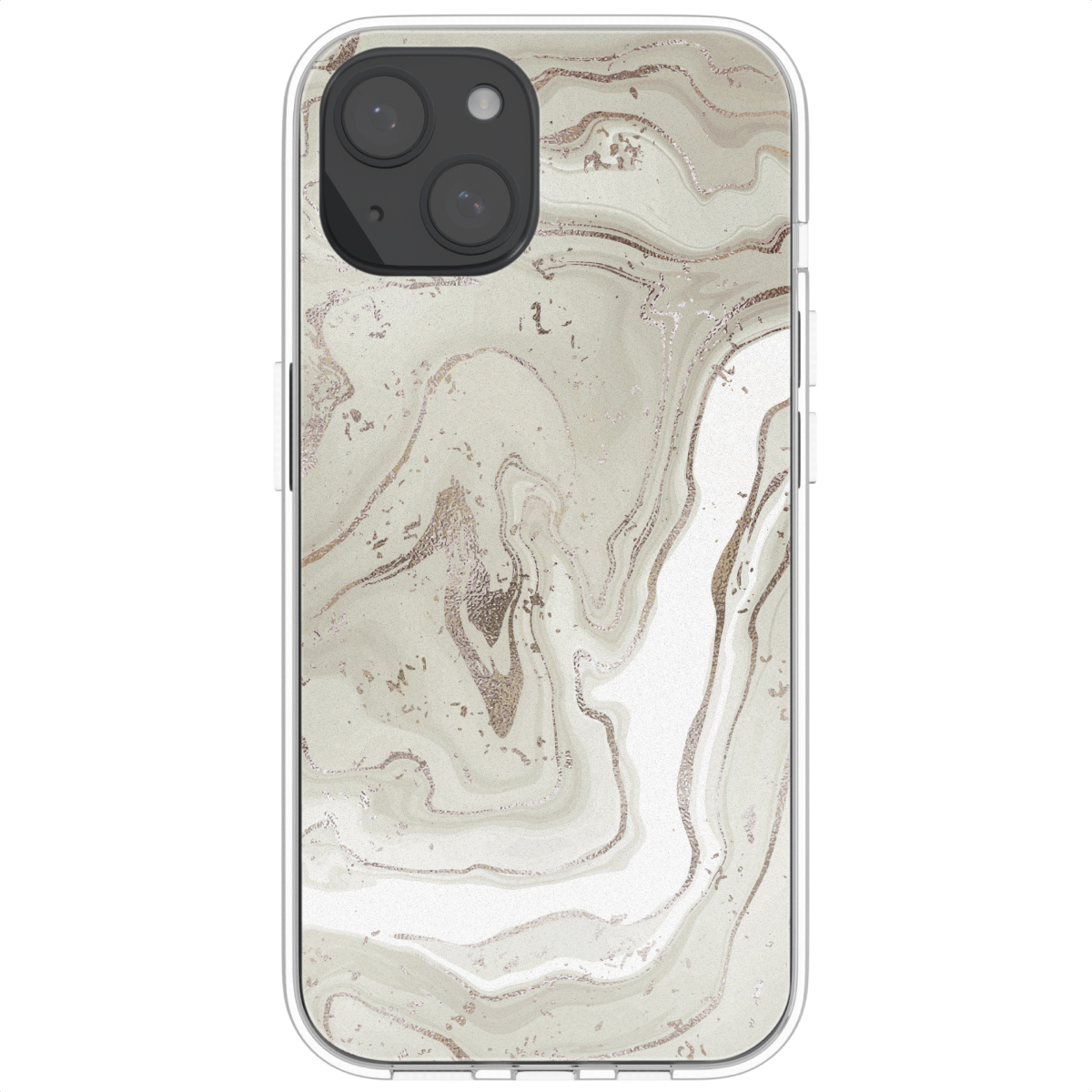 iPhone-hoesje met een marmerpatroon in grijstinten en goud. Beschikt over drie camera's.