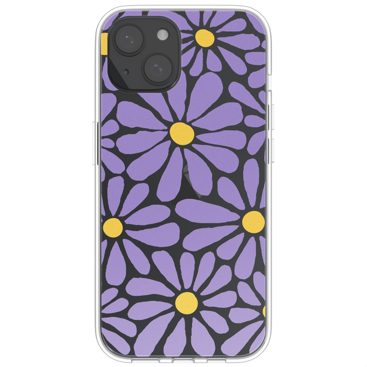 Een telefoonhoesje met een paars madeliefpatroon op een zwarte achtergrond, transparante randen, witte achtergrond.