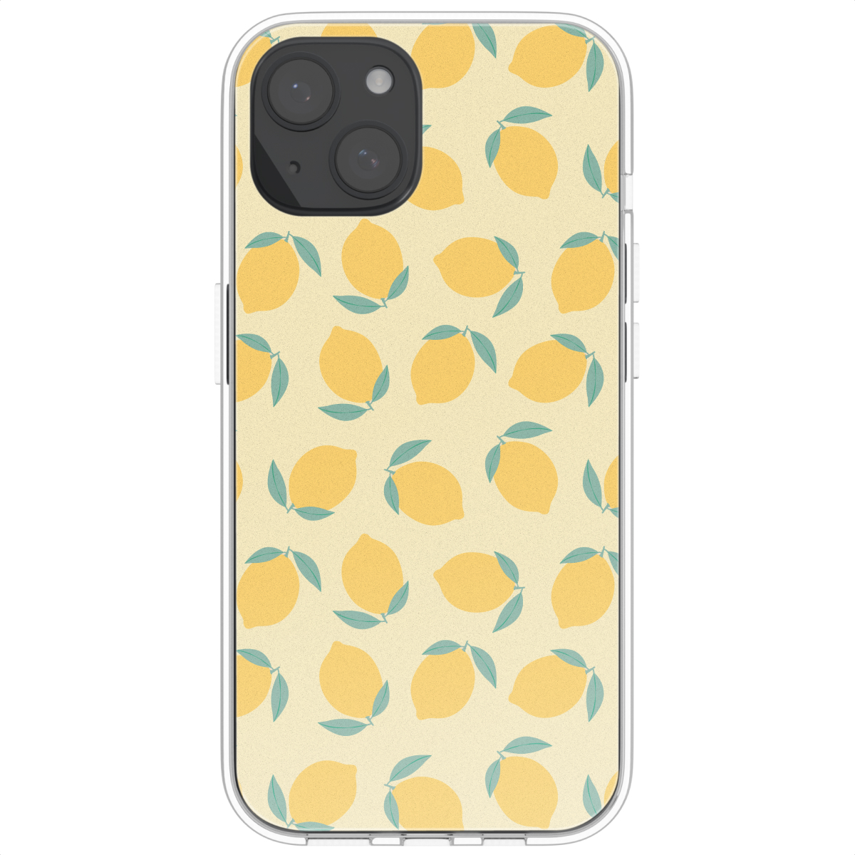 Telefoonhoesje met gele citroenen en groene bladeren op lichtgele achtergrond.