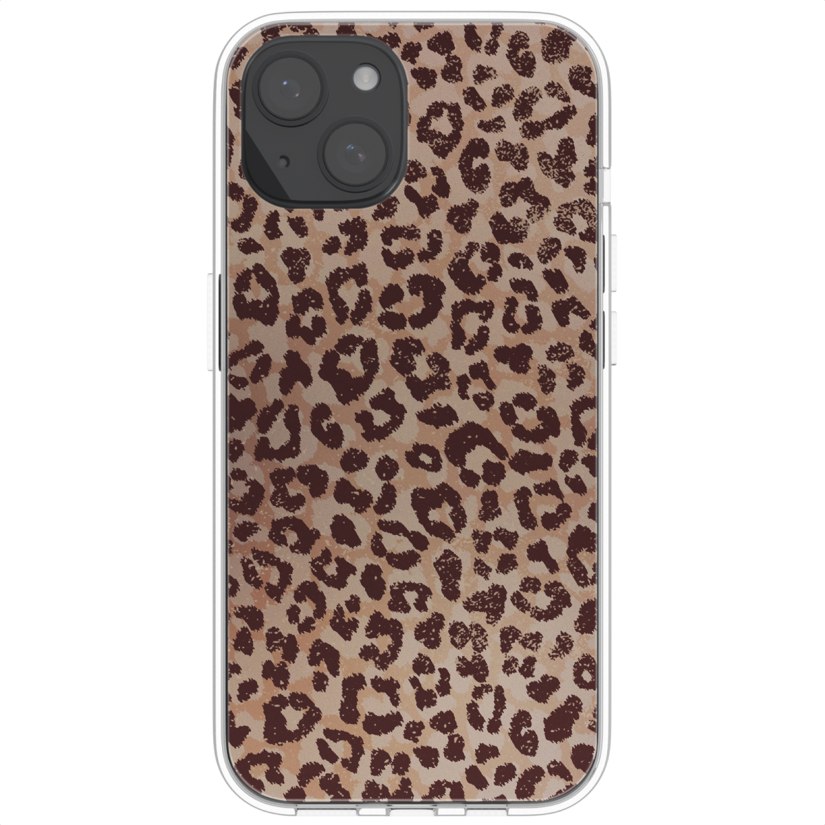 Een telefoonhoesje met een luipaardprint in bruin- en zandtinten.