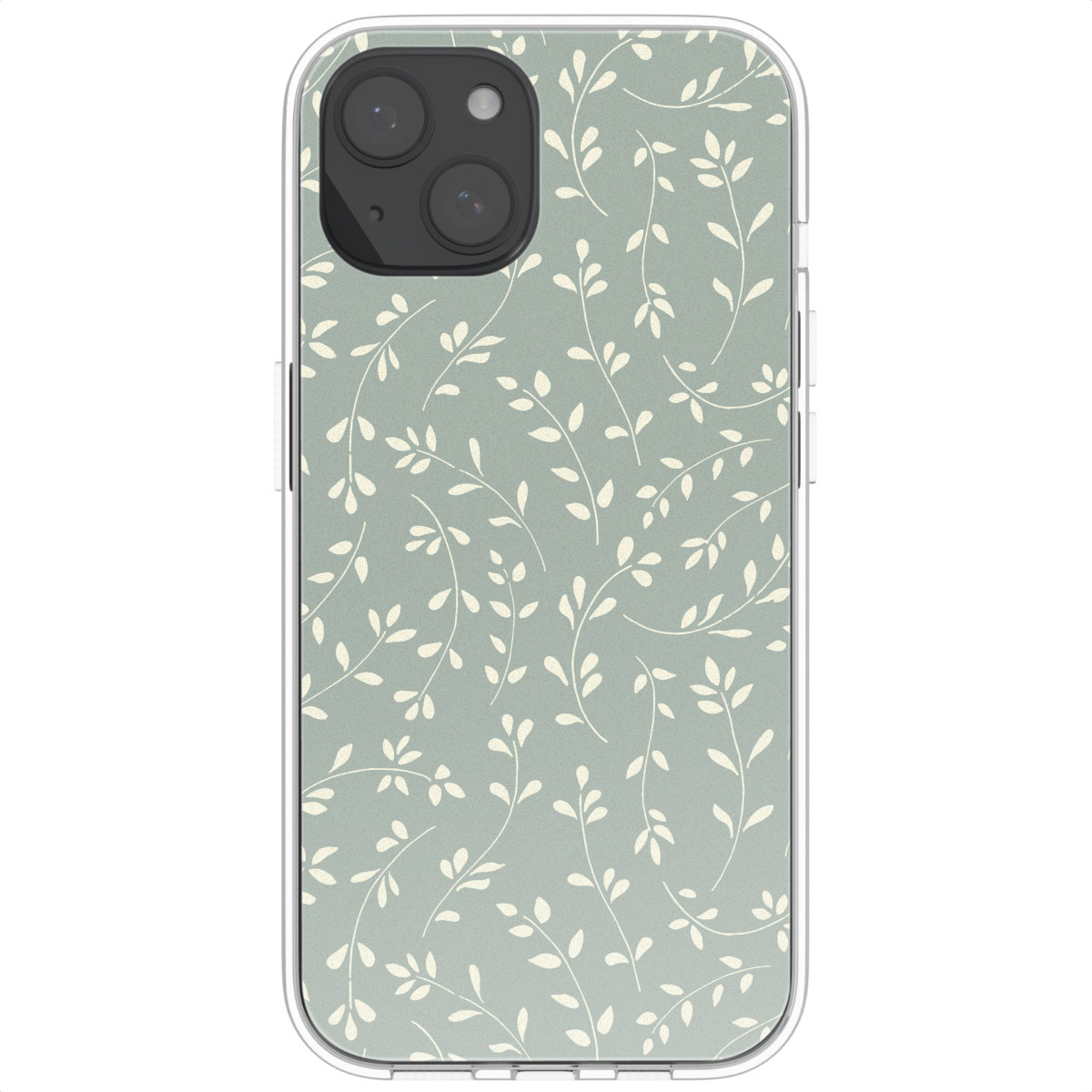 Telefoonhoesje met een bloemenpatroon van witte bladeren op een saliegroene achtergrond. Camera bovenaan.
