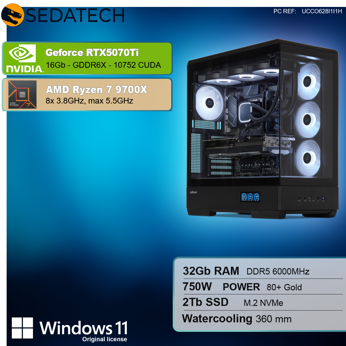 PC da gioco con componenti visibili, tra cui NVIDIA GeForce RTX e AMD Ryzen. Sfondo nero.