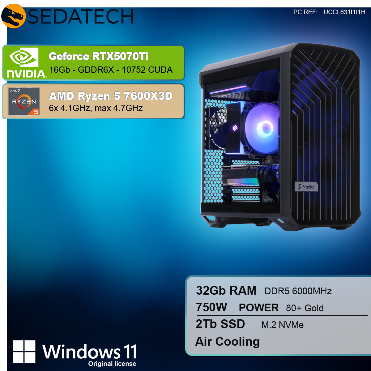 Case PC nero con componenti all'interno, testo e loghi. Windows 11, Nvidia, AMD. Luci blu.