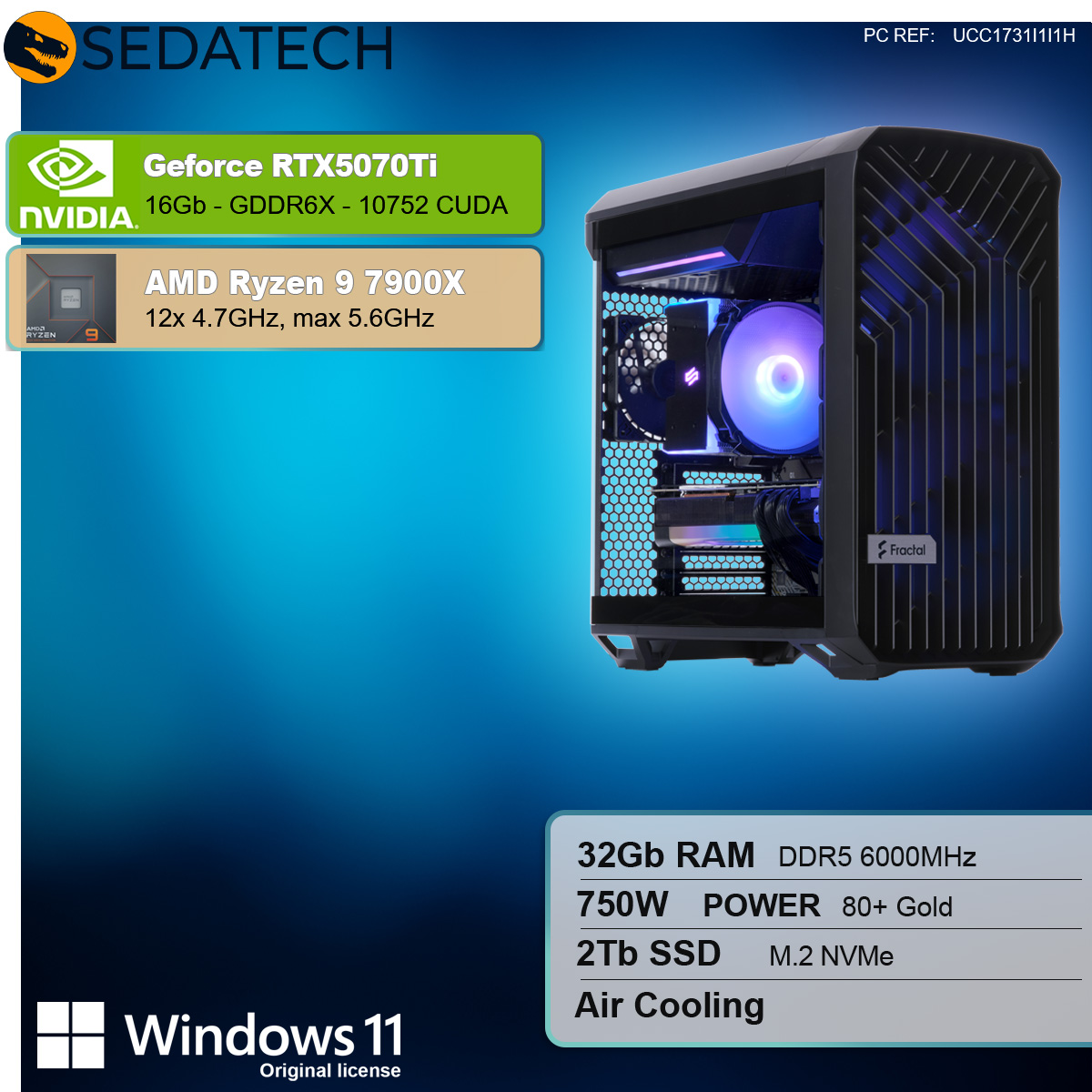 Computer nero con interno illuminato, NVIDIA, AMD Ryzen 9 e Windows 11.