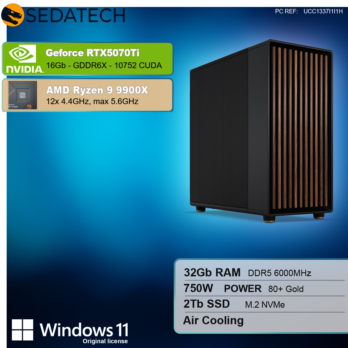 Un case per computer con componenti. Include una scheda grafica Nvidia e dettagli sul processore AMD Ryzen.